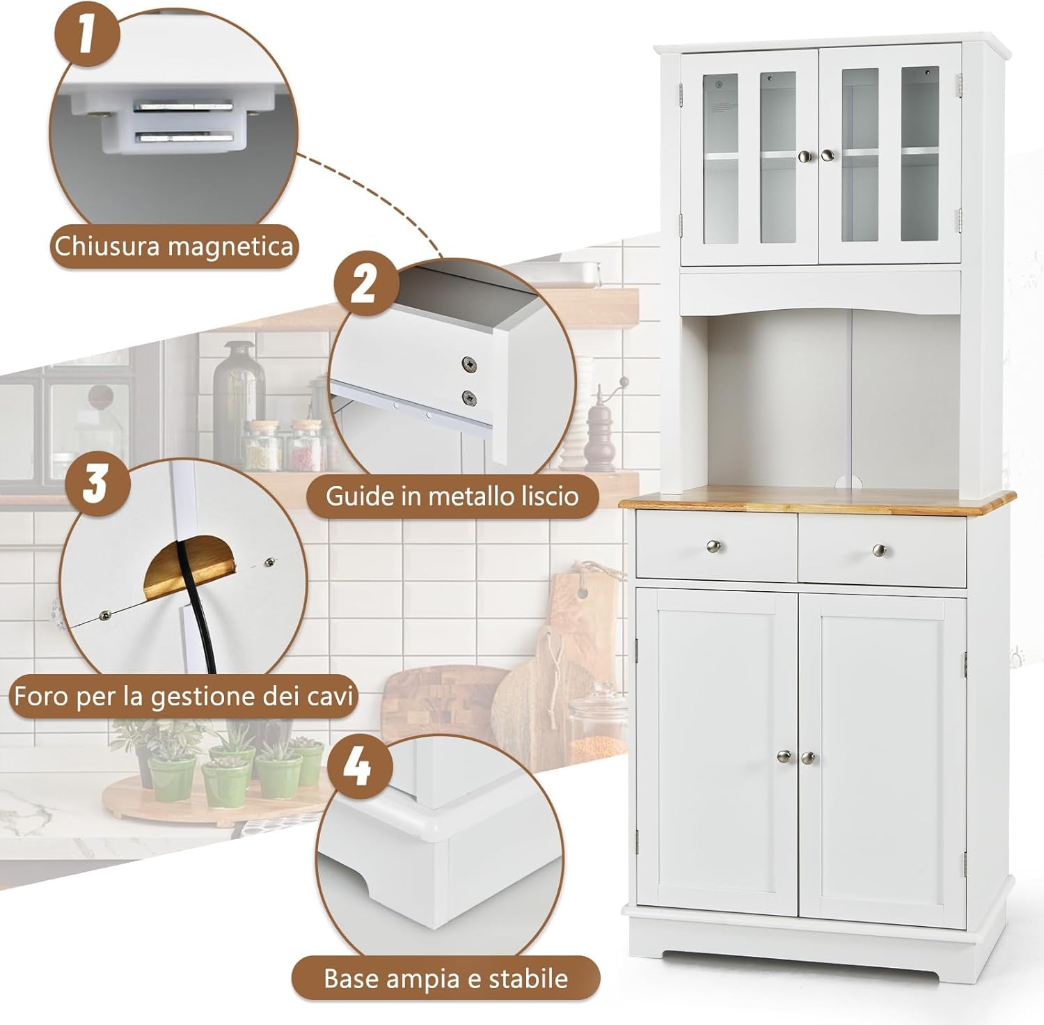 GYMAX Credenza da Cucina Alta, 68 x 40 x 170, Mobile Dispensa in Legno di Gomma, con 2 Ante in Vetro Temperato, Ripiani Regolabili, 2 Cassetti, Mobile per Sala da Pranzo, Bianco