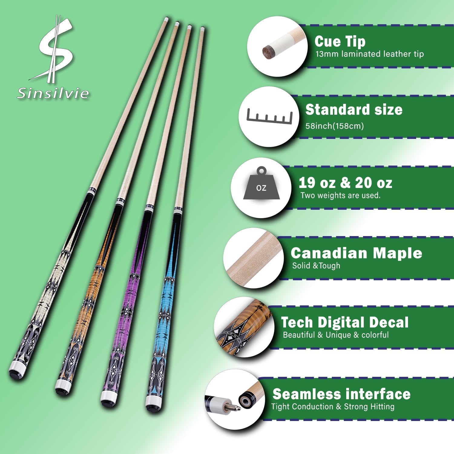 Sinsilvie 13mm 58 Pollici 19 20 Once Stecche Biliardo Pool,1/2 Maple Pool Cue Stick,Bastone da Biliardo da Bar per Uomini e Donne.