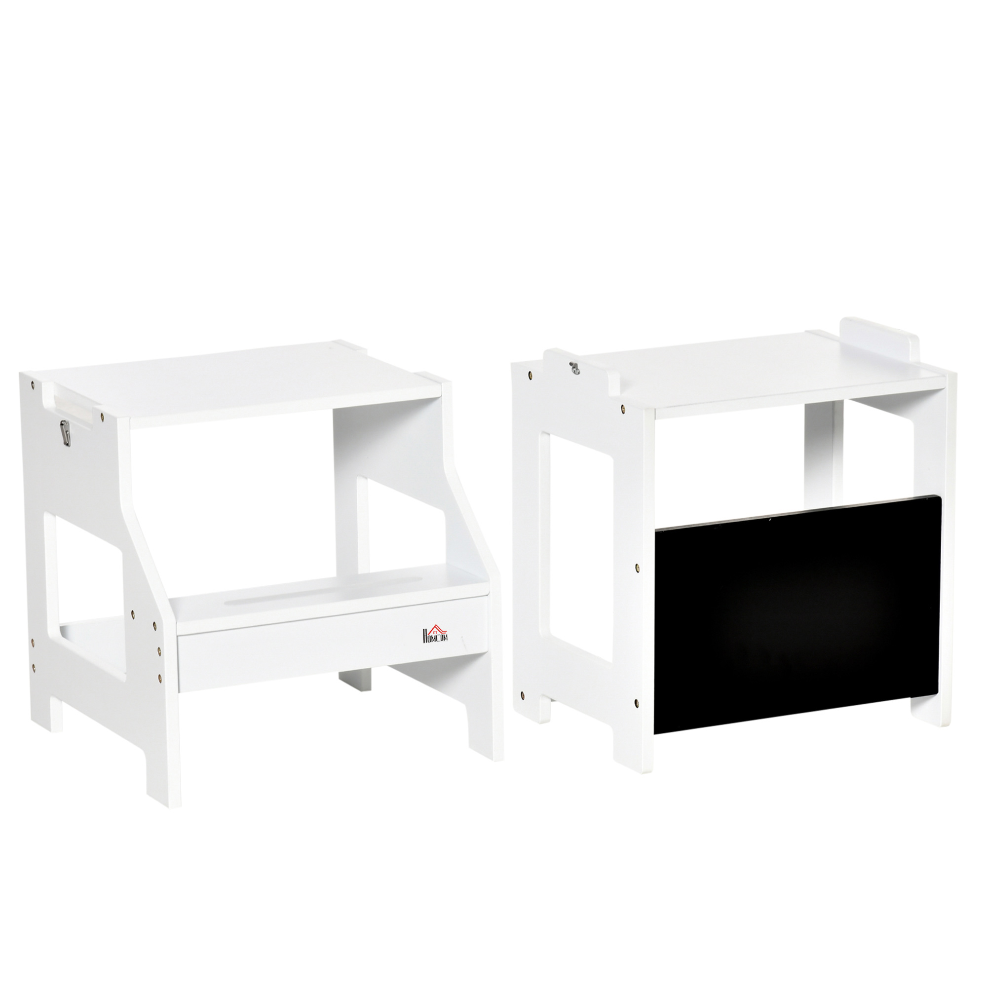 HOMCOM Lern- und Malstuhl mit Kreidetafel und 3-in-1 Schreibtischhockerfunktion - rutschfeste Stufen, Sicherheitsbügel, hohe Stabilität - MDF Weiß Schwarz