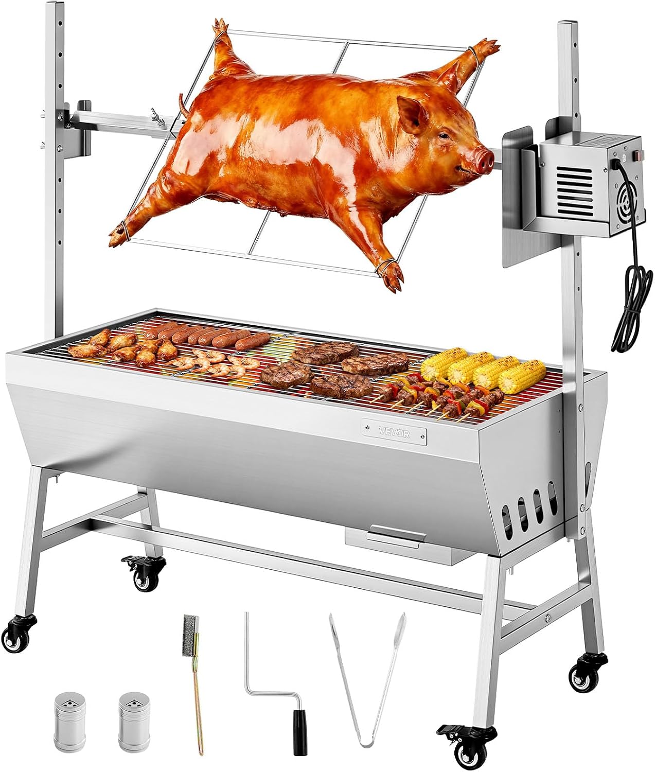 VEVOR Griglia per Arrosto da Barbecue Griglia a Carbone, Lunghezza 94 cm 38 W con Capacità di Carico di 60 kg e Ruote e Regolazione dell'Altezza a 7 Vie, in Acciaio Inossidabile per Campeggio