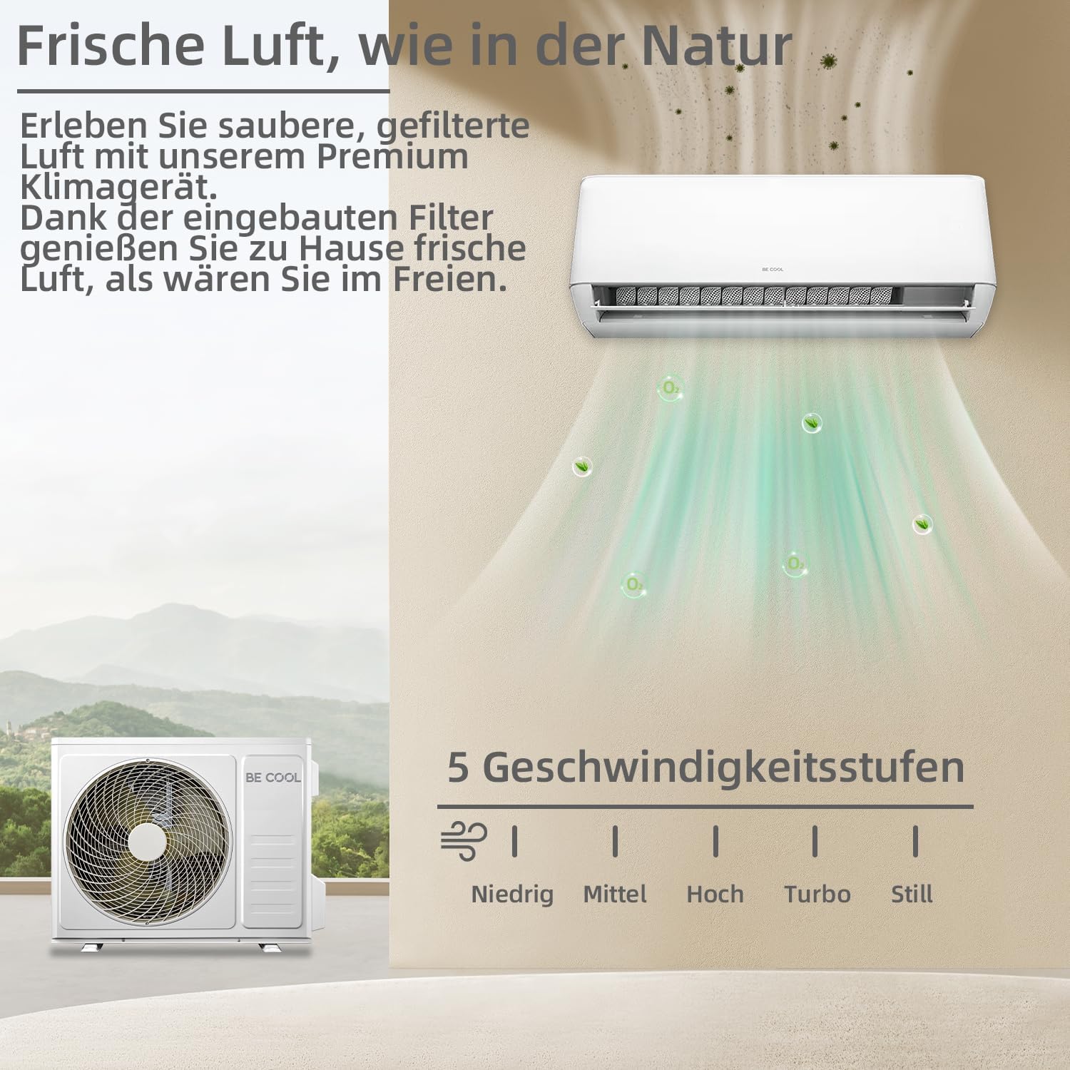 BE COOL Premium Split-Klimagerät 18.000 BTU mit Quick Connect – Kühlen: 5100 Watt/Heizen: 5100 Watt, EEK A++ / A+, max. 160 m³, 4m Quick Connector, WiFi, Fernbedienung, Premium-Funktionen – weiß