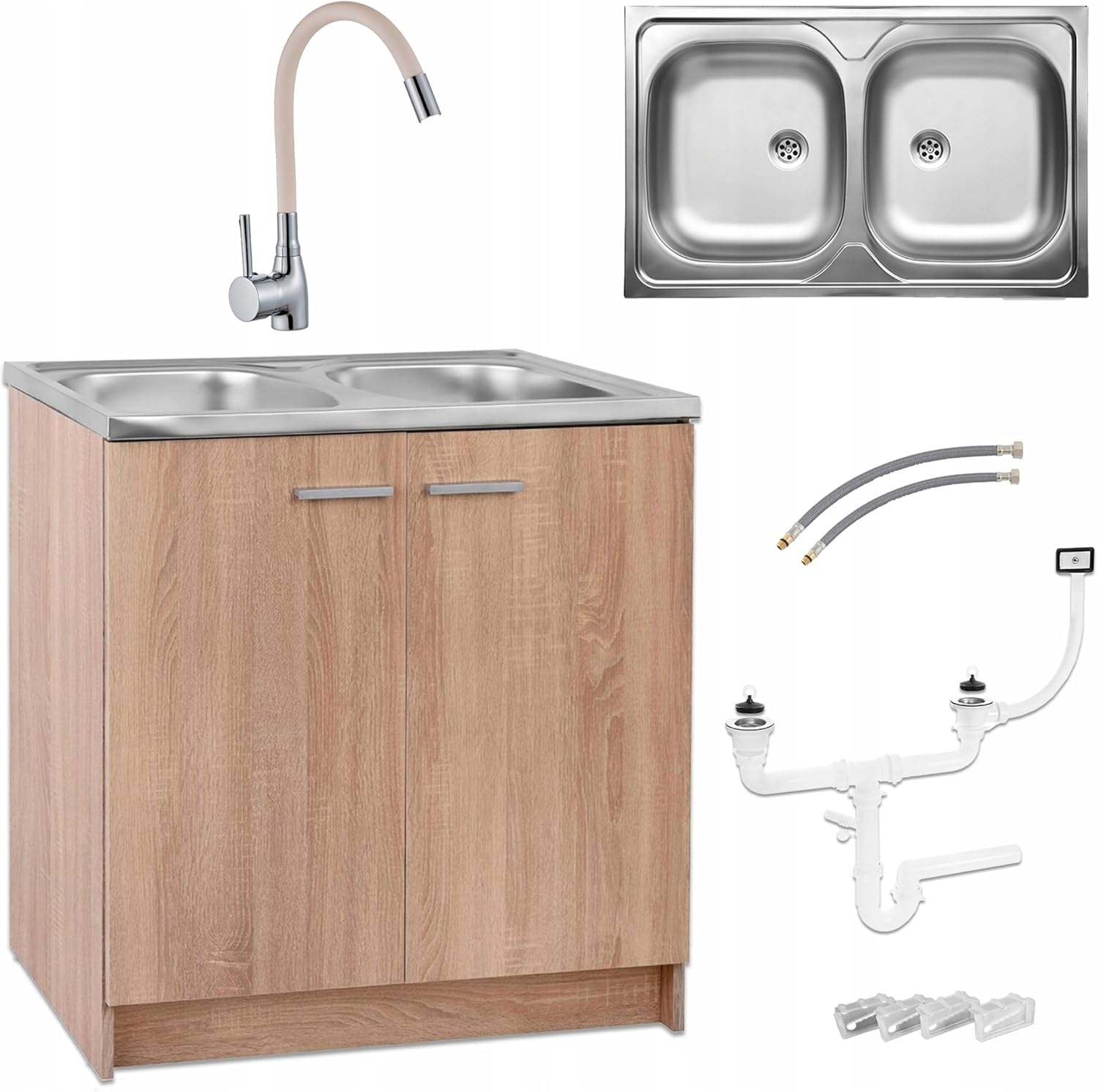 Sonoma - Armadio da cucina, 80 cm, 2 camere, colore beige, flessibile, 46 cm, con raccordo elastico, pronto per il montaggio XXL