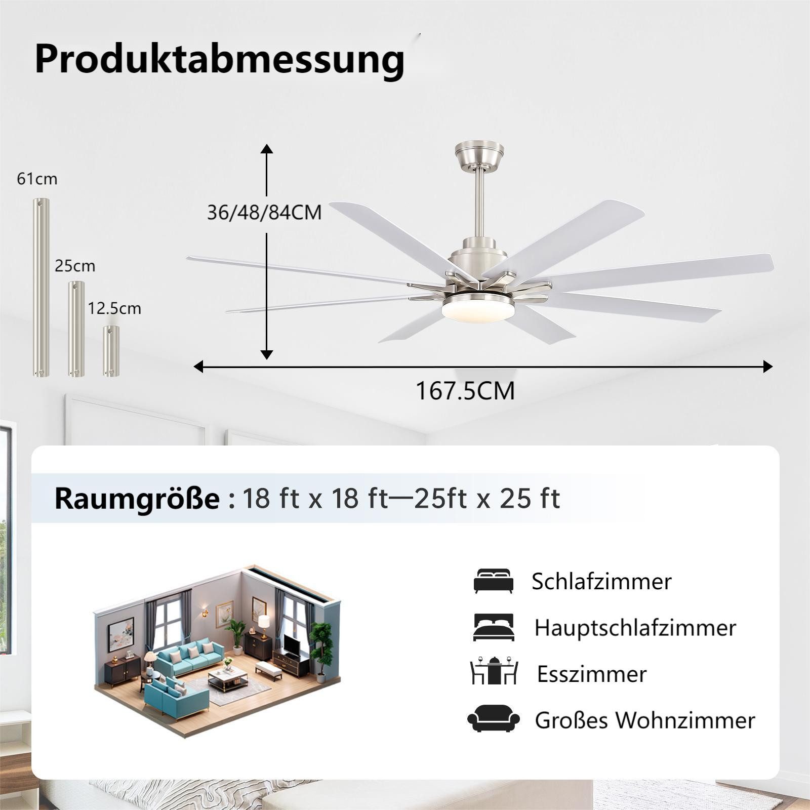 Deckenventilator mit dimmbarer 18W LED, 167,5cm Smart-Deckenventilator, Innen & Außen
