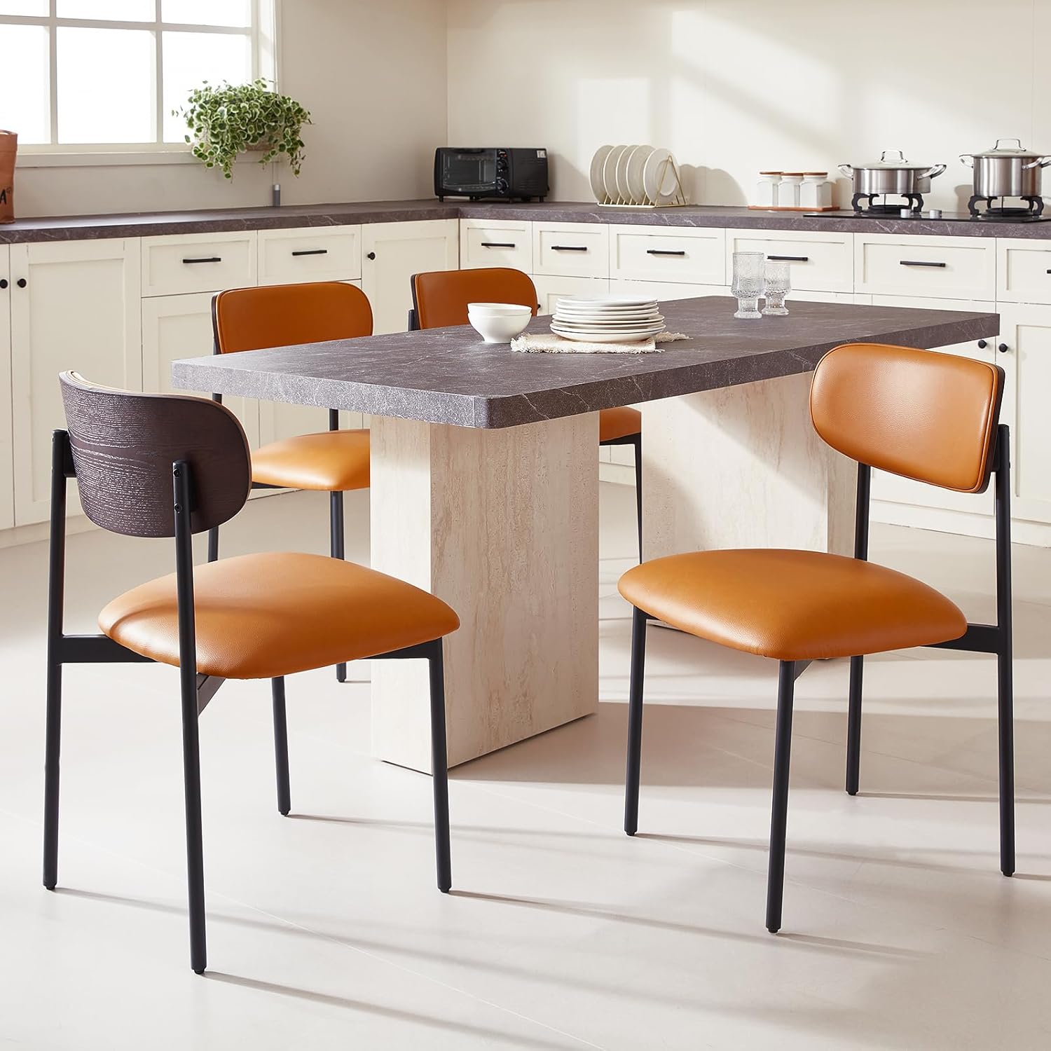 Brown Faux Leather Dining Chairs Set of 4, Armless Upholstered Kitchen Chairs with Wood Grain Back, Modern Dining Room Chairs with Curved Backrest & Black Metal Legs