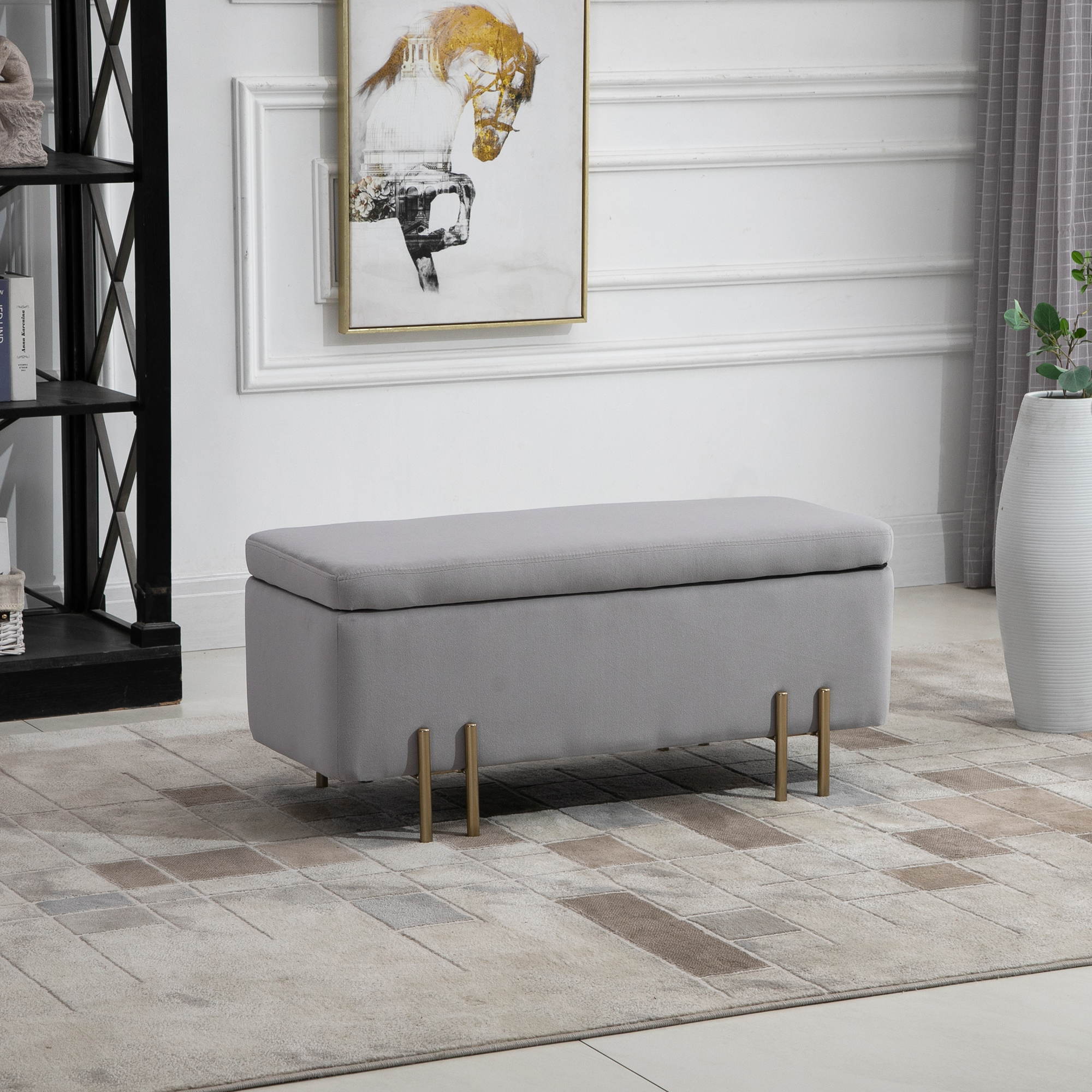 HOMCOM Sitzbank mit Stauraum Polsterbank mit Samtoptik, Sitztruhe mit Metallbeine, Truhenbank für Wohnzimmer Schlafzimmer Flur 100 x 40 x 42 cm, Hellgrau
