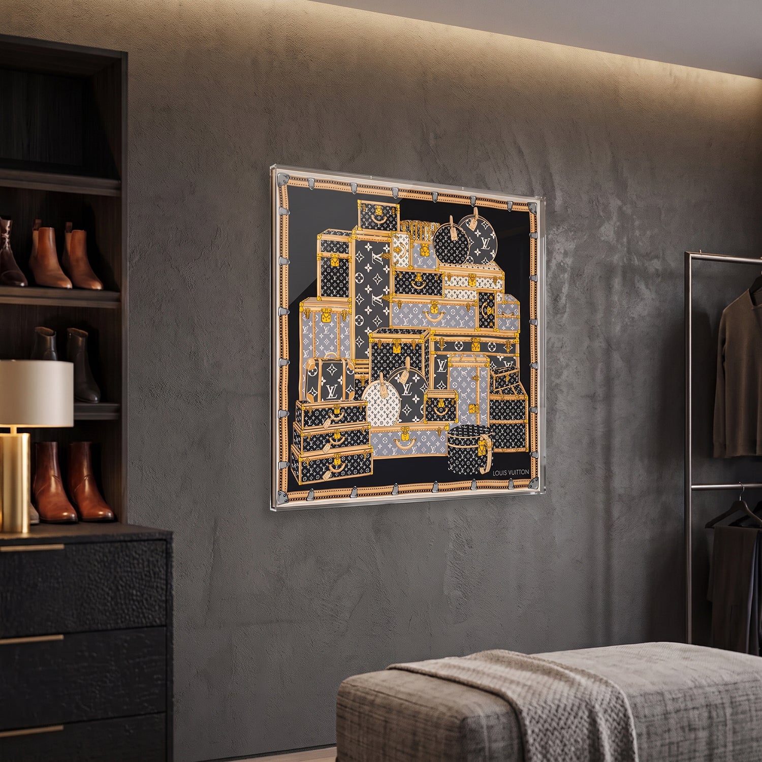 Framed Louis Vuitton Trunks Scarf in a 36x36x2