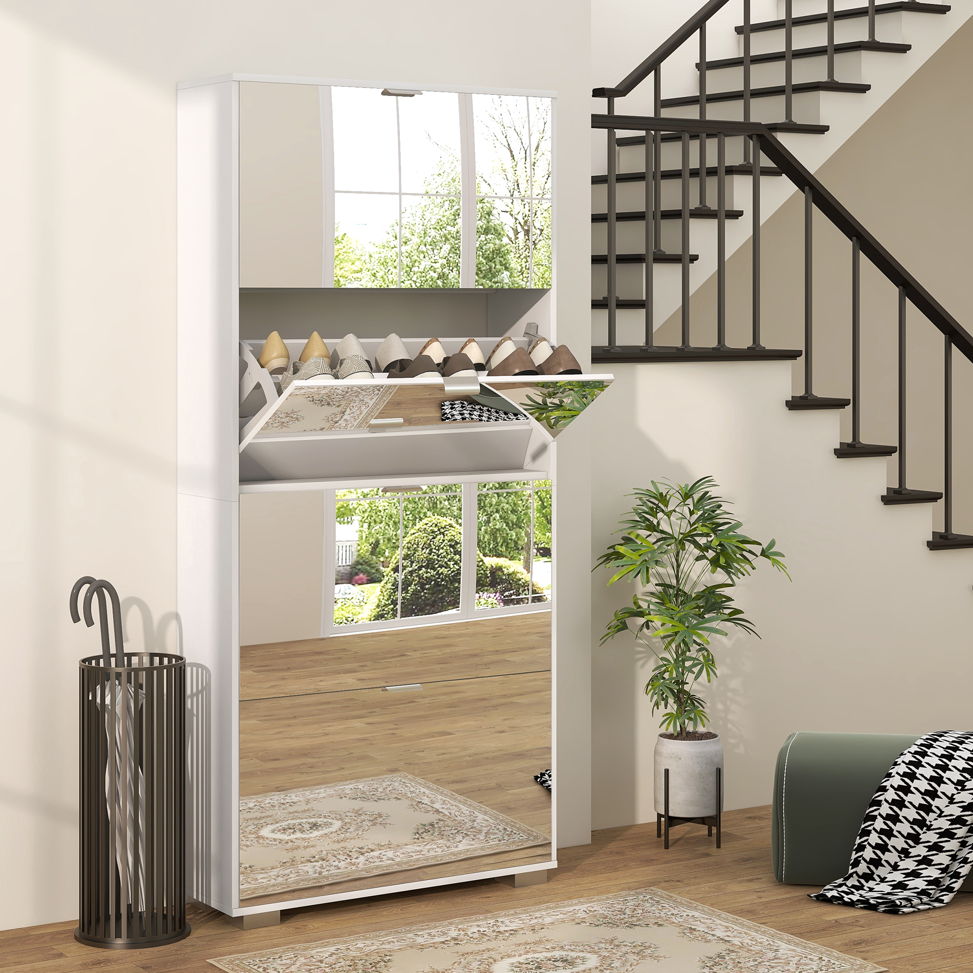 HOMCOM Schuhschrank 2 in 1 Spiegelfronten 4 klapptüren, verstellbare Regale, bis zu 24 Paare, 76B x 26T x 168H cm