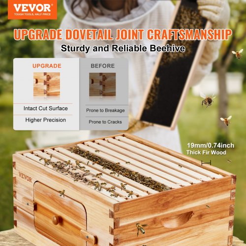 VEVOR Bienenstock-Starterset mit tiefer Box, 100 % mit Bienenwachs beschichtetes natürliches Zedernholz, Zander Beute mit 10 Rahmen und Fundamenten, transparente Bienenfenster aus Acryl