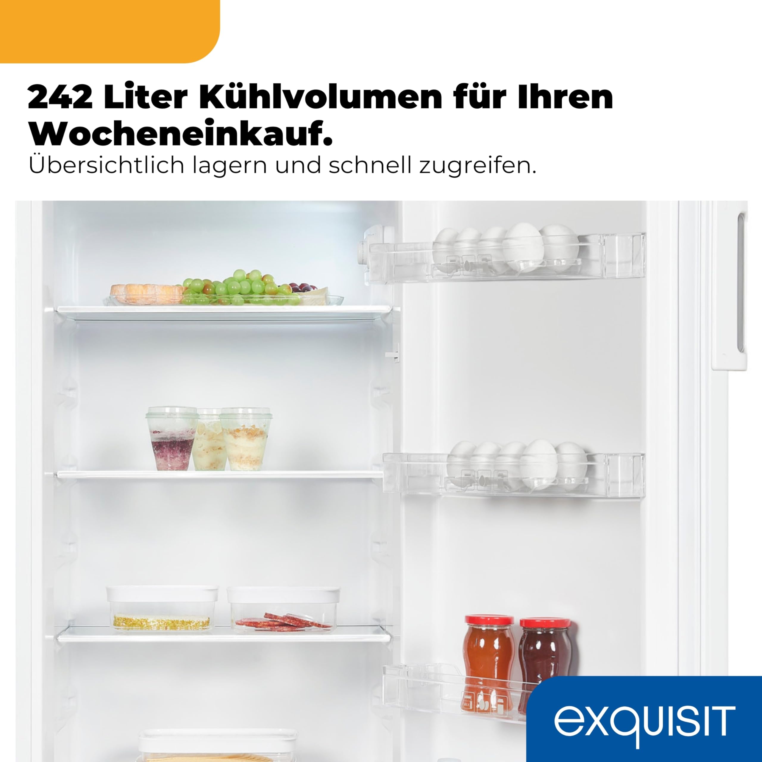 Vollraumkühlschrank 242 l, weiß, freistehend, 142,6 cm hoch, wechselbarer Türanschlag, Energieklasse E
