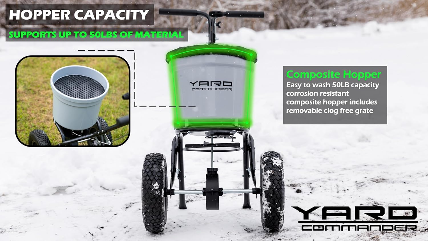 Yard Commander - Commercial 50 LB Walk-Behind Push Broadcast Spreader - 10-12 Foot Spread - Fertilizer  Ice Melt & Grass Seed - Clog Free Design - Fully Enclosed Gear Box - Adjustable Drop Rate