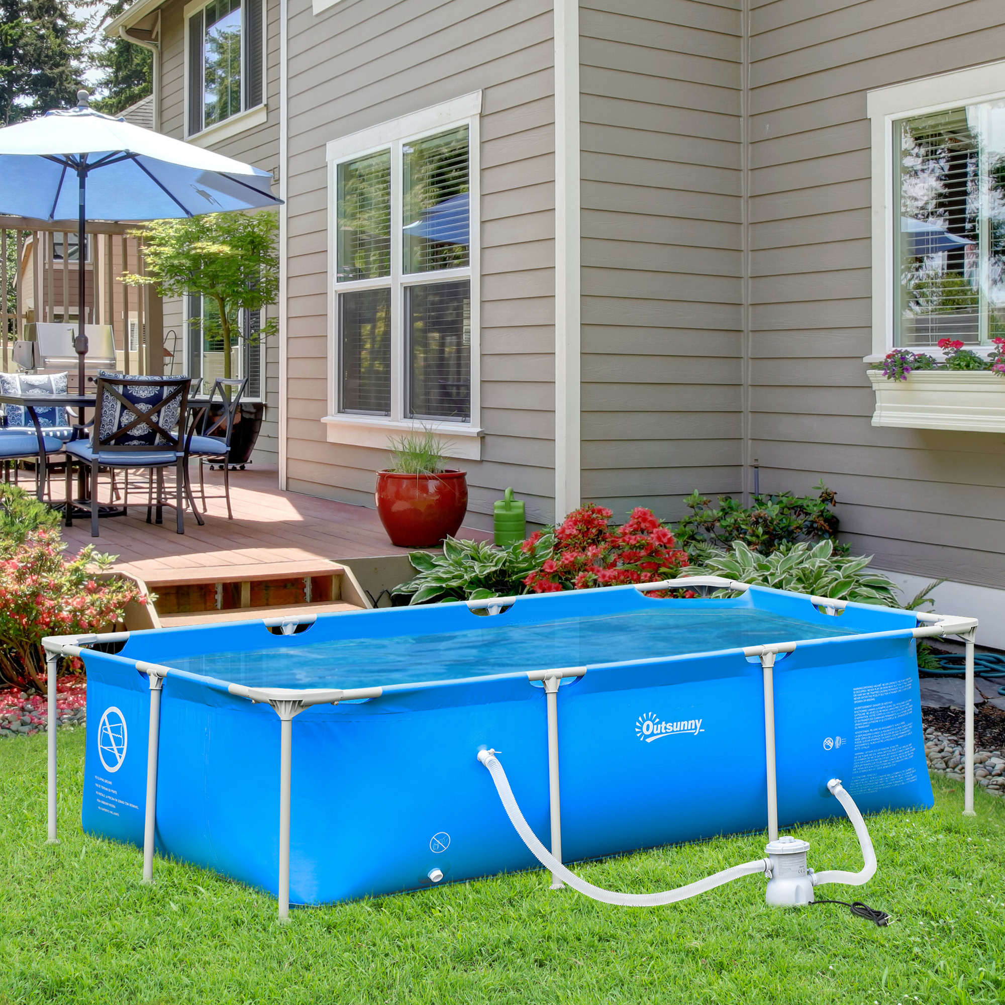 Outsunny Rechteckiger Tubularer oberirdischer Pool mit Metallrahmen und Filter 252L x 152B x 65H cm Blau