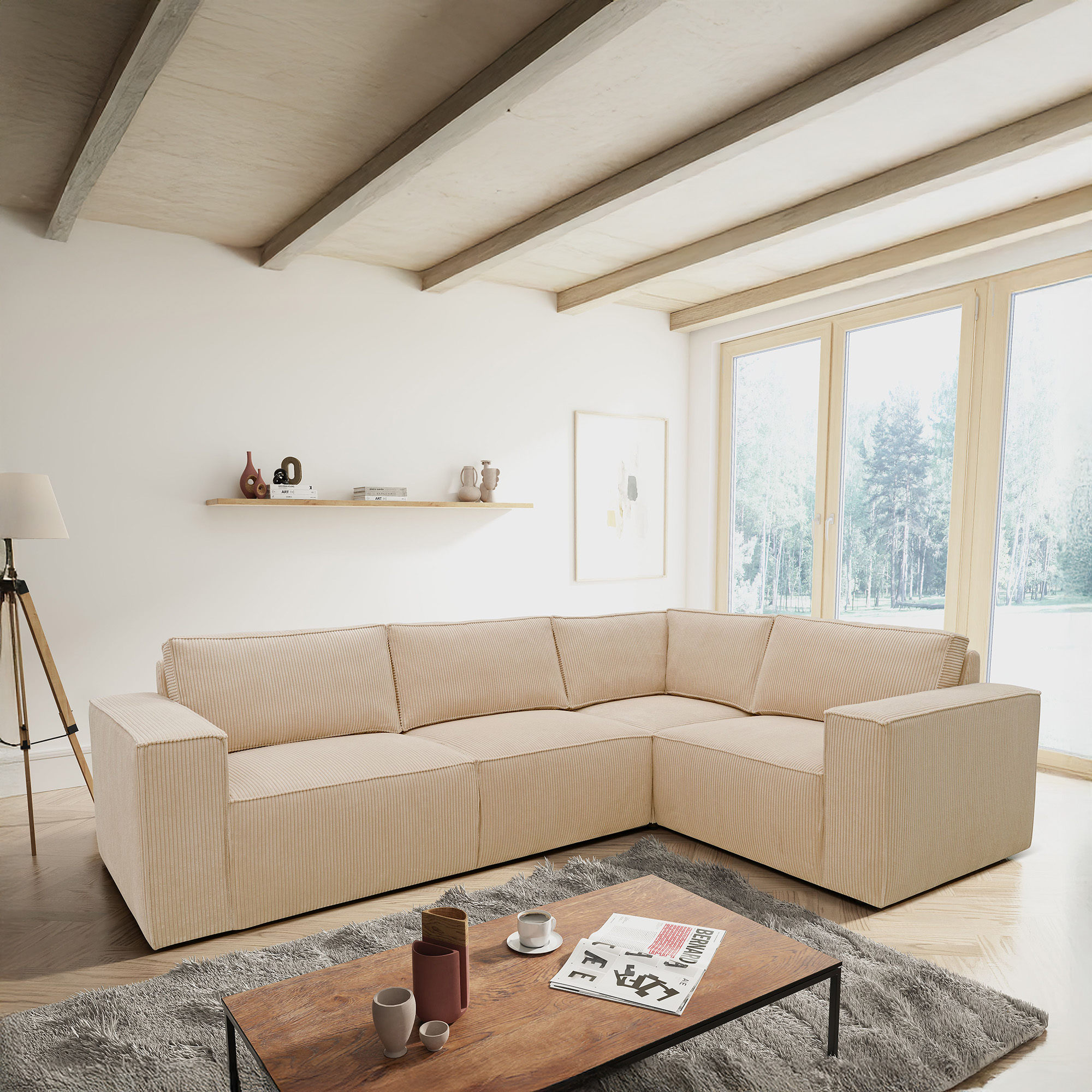 Ecksofa 101 017, Sofa, L-Form, Cord-Sofa, Couch, Polsterecke, Eckcouch, 277 x 197 x 84 cm (BxTxH), Creme