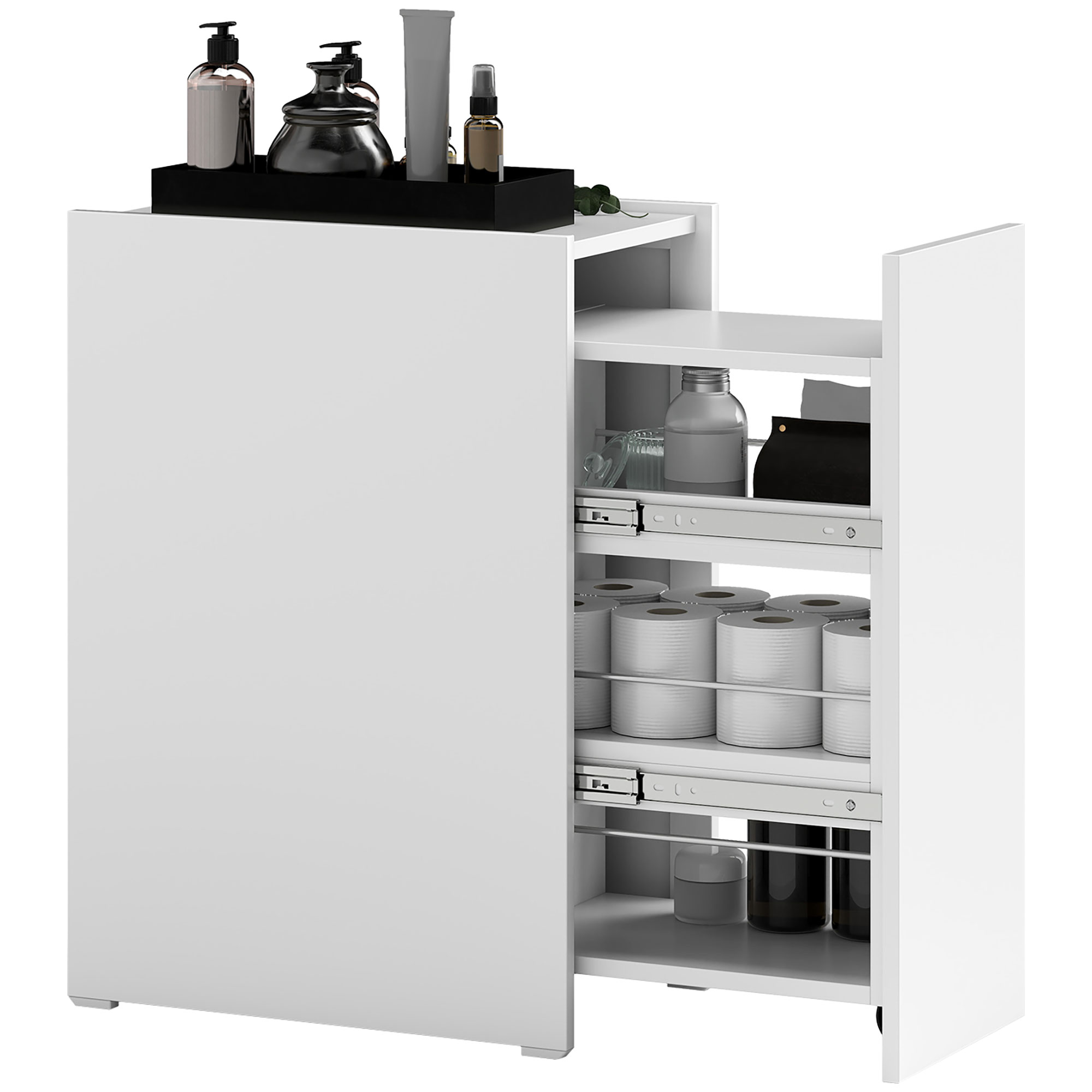 HOMCOM Kompakter und schmaler Badezimmerschrank mit Schublade auf Rollen, 3 Fächer, 47 x 30 x 66,5 cm, weiß