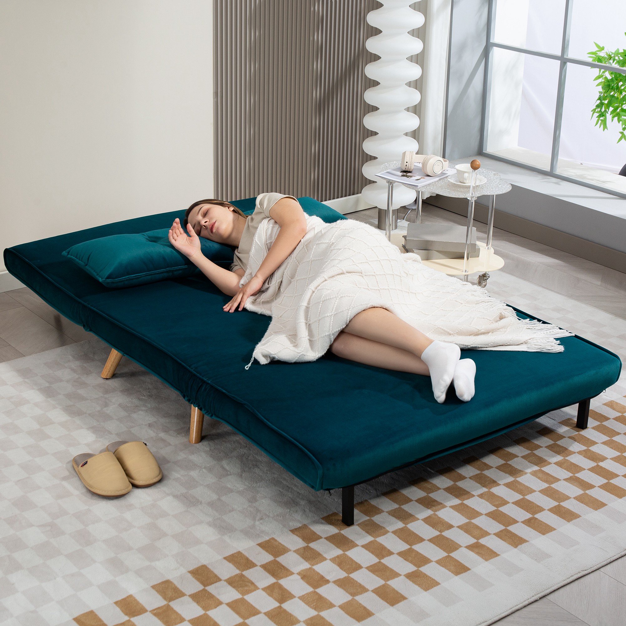 2-Zits Slaapbank, Bedbank, in Bed om te Toveren Couch, Verstelbare Rugleuning, Stofbekleding, Metalen Frame, Groen