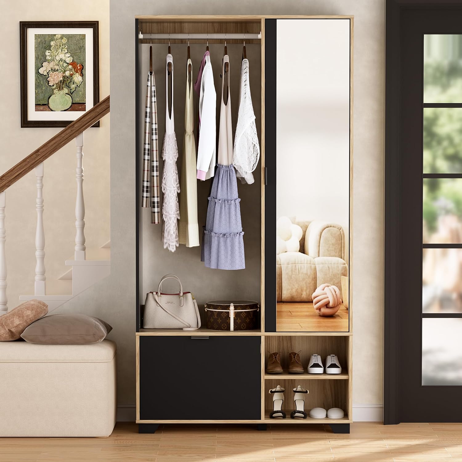 MSFE Entrance Wardrobe with 144 cm Mirror, Compact Wardrobe with Clothes Rail, Shoe Rack and Compartments, Wardrobe Set, Entrance Cabinet with Mirror, 100 x 33 x 190 H cm