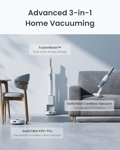 SwitchBot Robot Vacuum and Cordless Vacuum Cleaner K10  Pro Combo, TwinFlow™ Suction Tech, Dual Dust Collection Station, Compact, Lightweight, Quiet, Compatible with Alexa/Siri/Matter(Hub 2 Required) : Industrial & Scientific