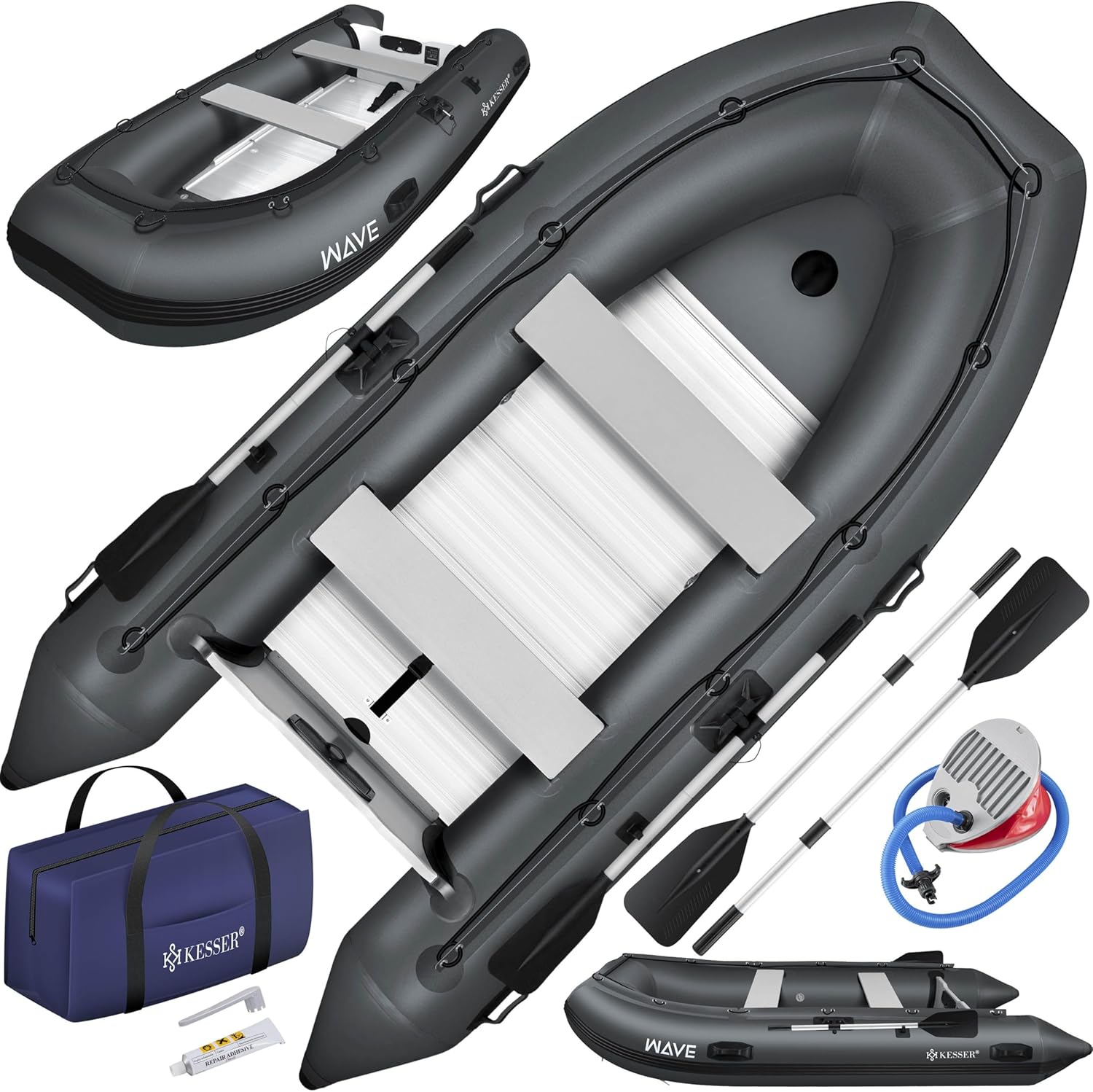 KESSER® Schlauchboot 3,20 m für 4 Personen - Wave Motor geeignet Freizeitboot Paddelboot Motorboot Angelboot - mit 2 Sitzbänken, Reparaturset & Tasche aufblasbar PVC