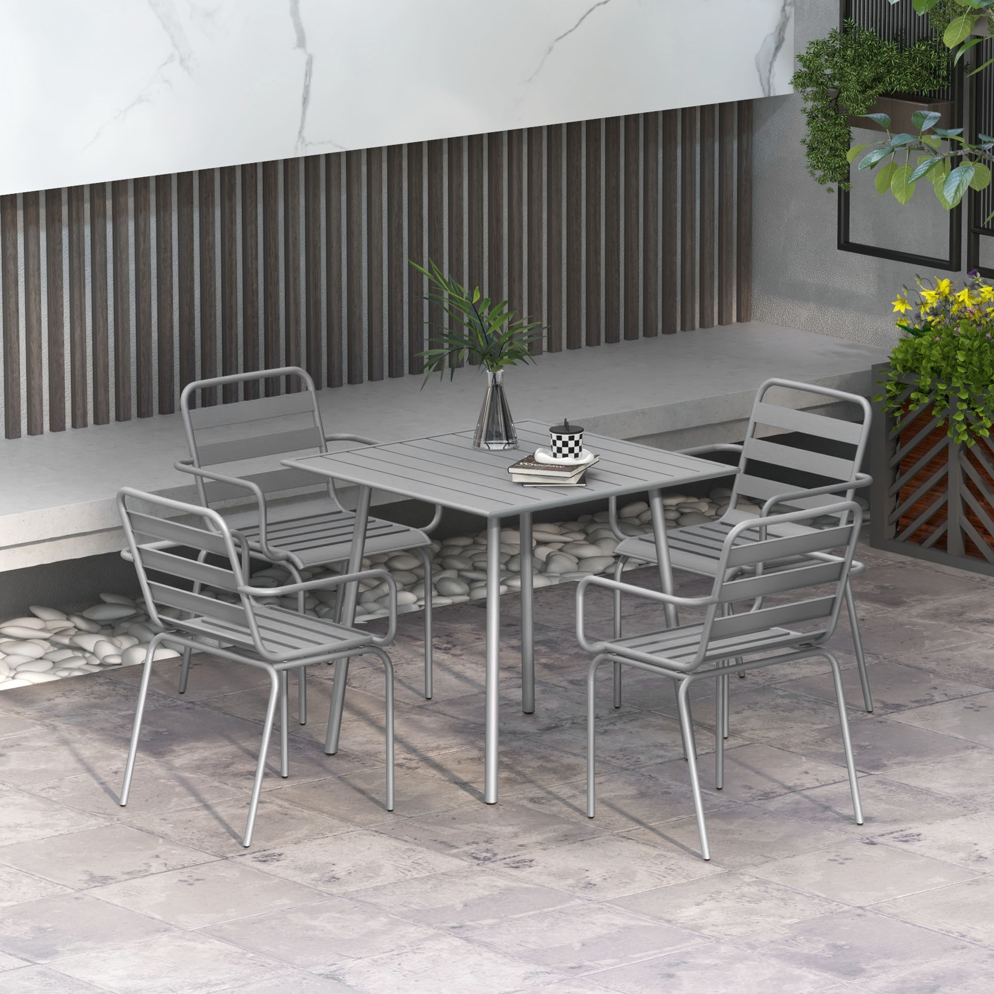 Outsunny 5-teilige Gartensitzgruppe Outdoor Sitzgruppe Gartenmöbel-Set, wetterbeständig, modernes Design, 80 x 80 x 74 cm, Grau