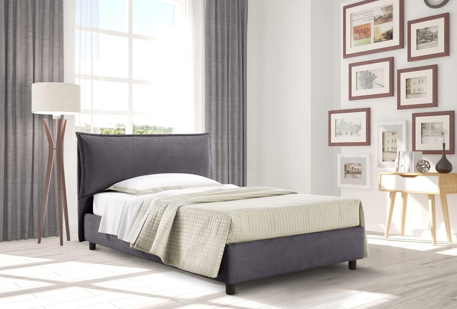 EVERGREENWEB Letto una Piazza e Mezza con Contenitore 120x195cm Elegante Struttura Imbottita per Adulti e Ragazzi, Rete a doghe in Legno Inclusa, Moderna Testiera Rivestimento SFODERABILE Grigio Scuro