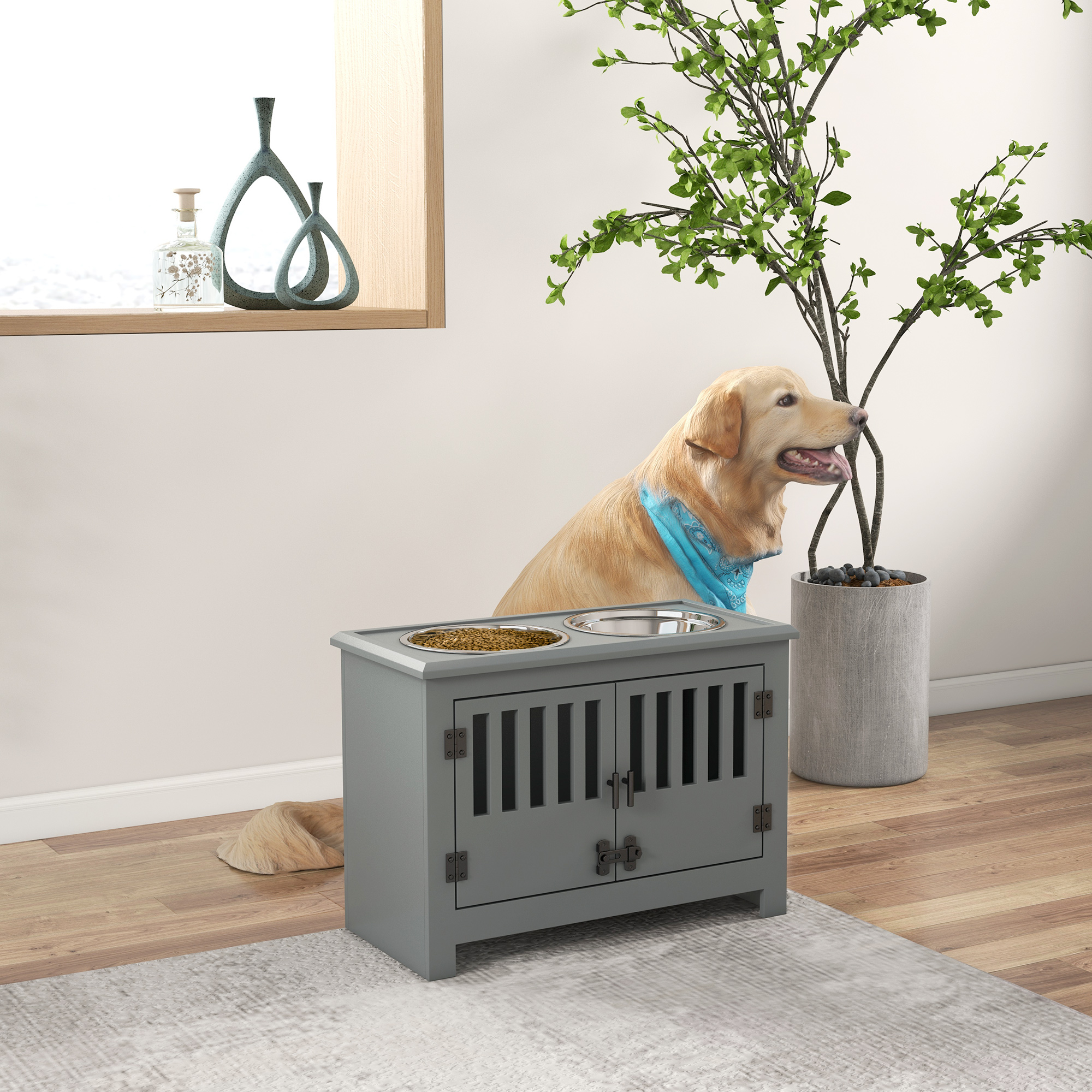 PawHut Erhöhte Futterstation für große Hunde, 2 Edelstahlnäpfe, Stauraum, 35,5x60x30 cm, Grau