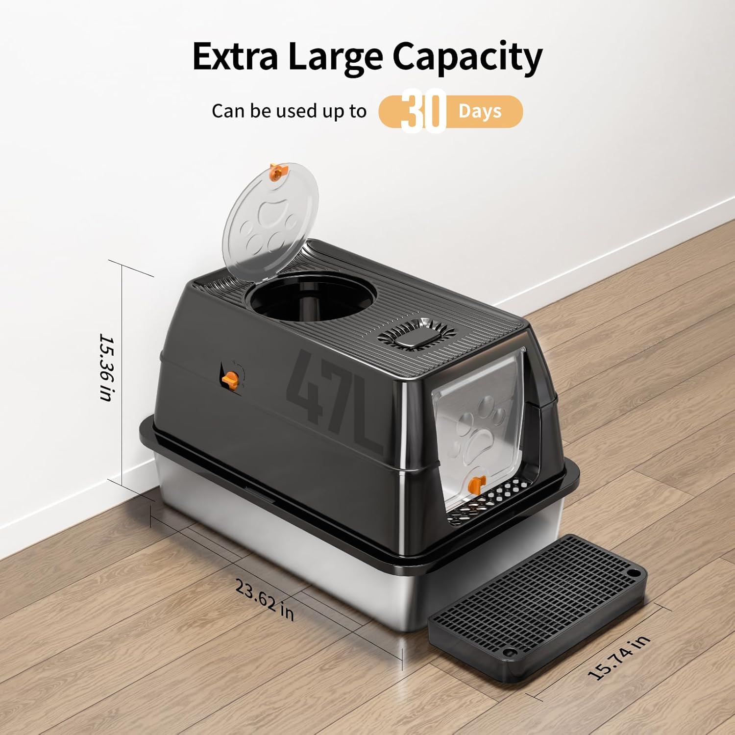 Lettiera per Gatti in Acciaio Inox, Lettiera Gatto Chiusa XXL, Lettiera Gatto Grande con Pala in Metallo, Doppio Strato Opaco Toilette per Gatti Grande - Grigio