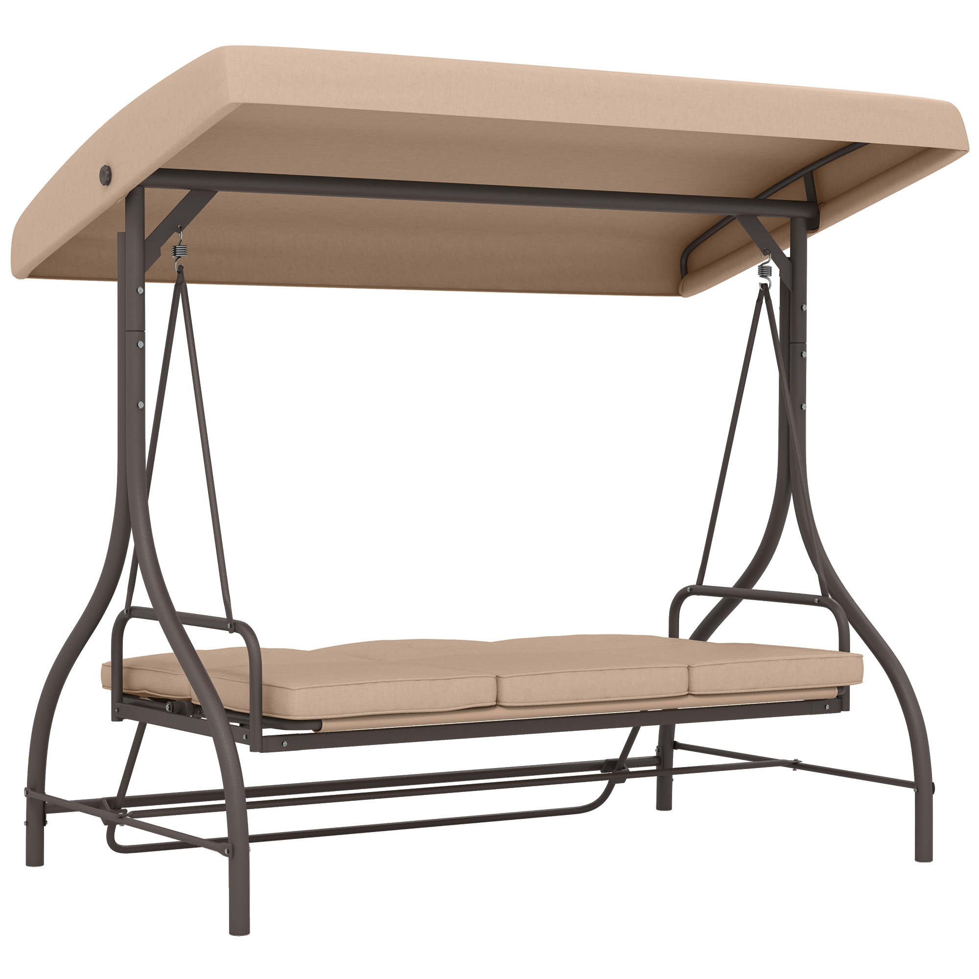 Outsunny Gartenliege für 3 Personen konvertierbar, hoher Komfort mit Polstern, verstellbarem Dach, Metall, Polyester, Khaki