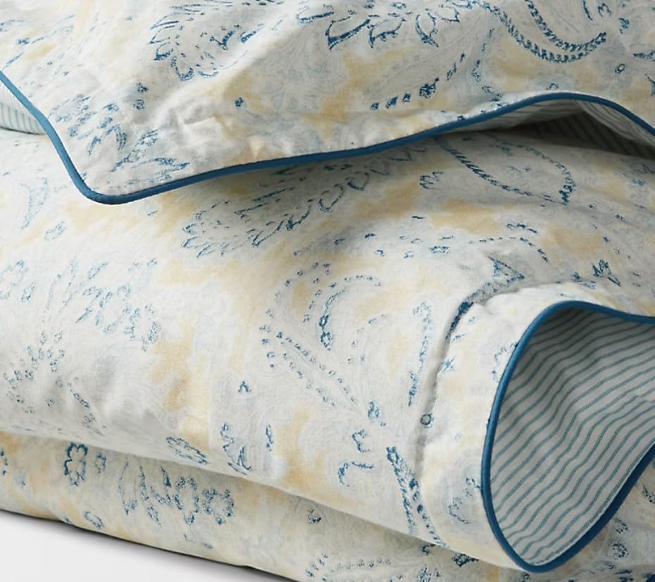 Lauren Ralph Lauren Marisa King 3 pc Comforter Set Shams Paisley Print Yellow, Blues on White Ground. Reverses to Blue Stripe.