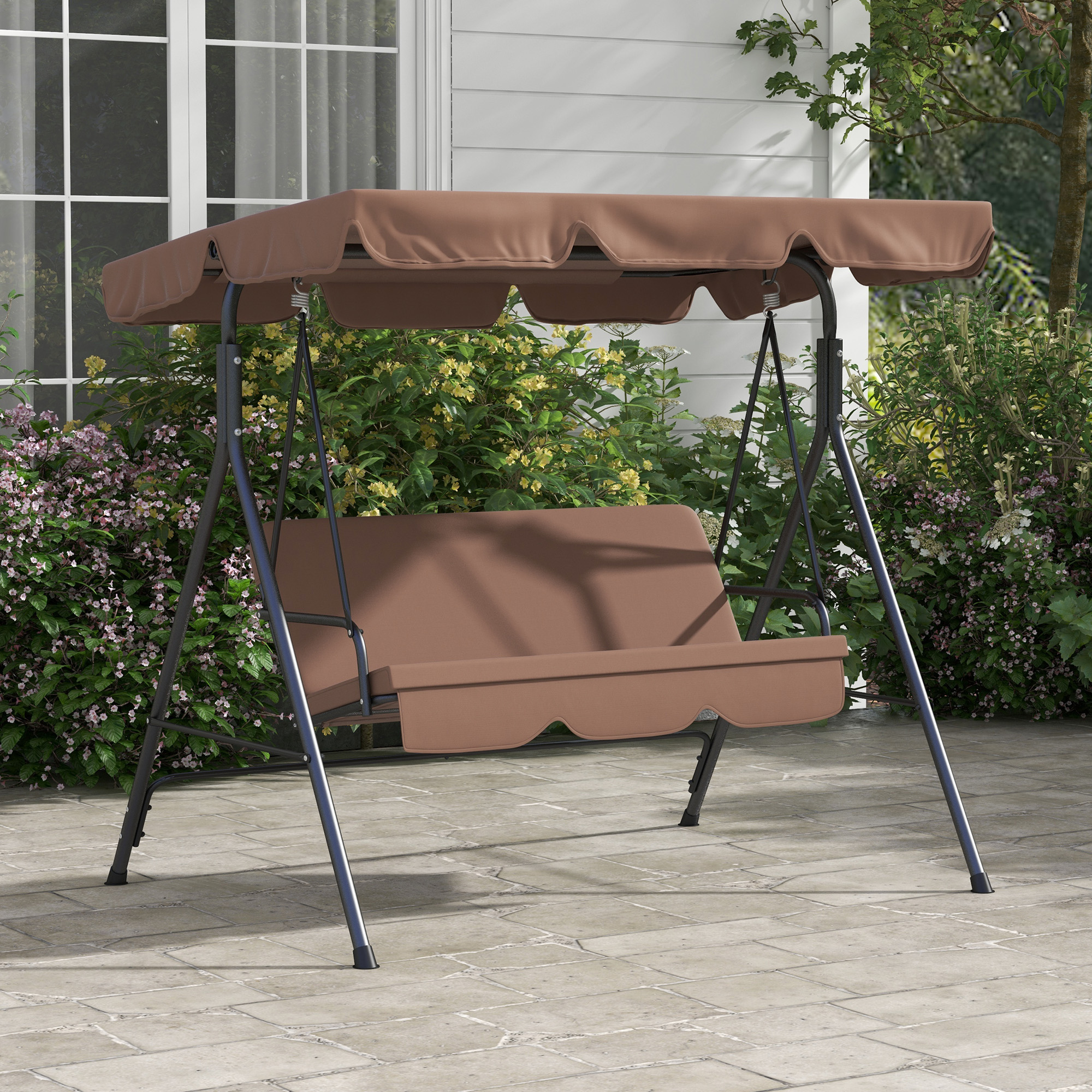 Outsunny Hollywoodschaukel Gartenschaukel 3-Sitzer, wetterbeständig, verstellbares Dach, 172 x 110 x 153, Braun