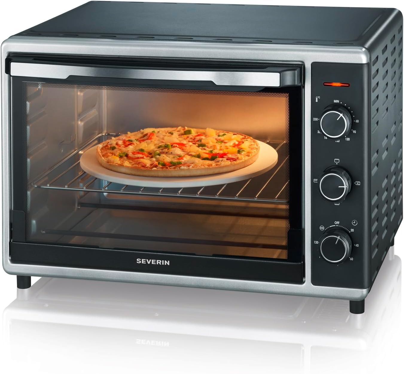 SEVERIN Forno Elettrico Ventilato, 42 Litri, 1800W, Temp. 0-230°C, Timer 120 min, con Pietra Refrattaria, Girarrosto, Luce Interna, Doppio Vetro, 51,5 x 42,0 x 36,5 cm, Nero/Argento - TO 2058