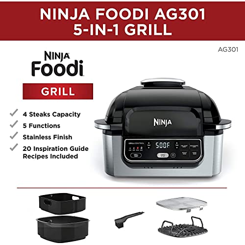 Ninja AG301 Foodi 5 in 1 Indoor Electric Grill with Air Fry, Roast, Bake & Dehydrate   Programmable, Black/Silver: Home & Kitchen
