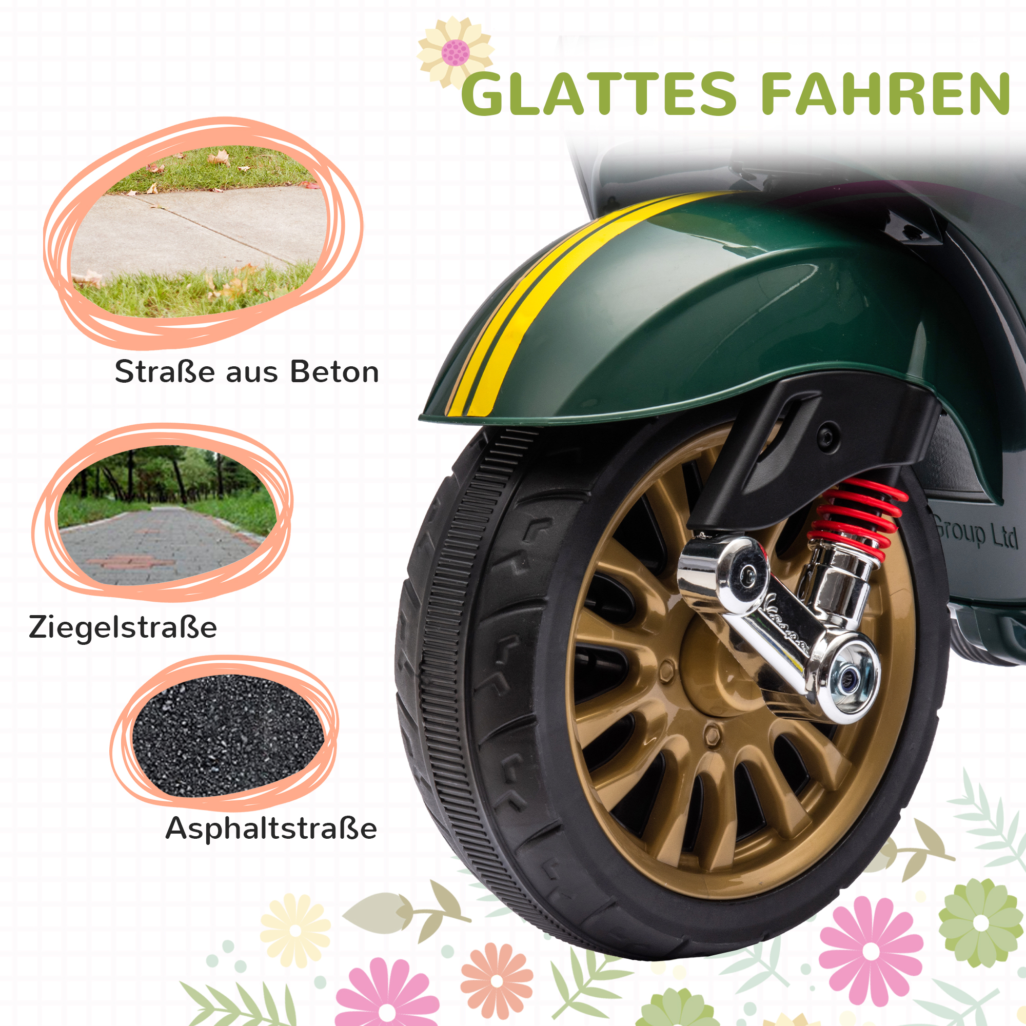 AIYAPLAY Elektrische Kinder Vespa, 3 km/u, 3-6 Jaar, Muziek, Licht & Radio, Donkergroen
