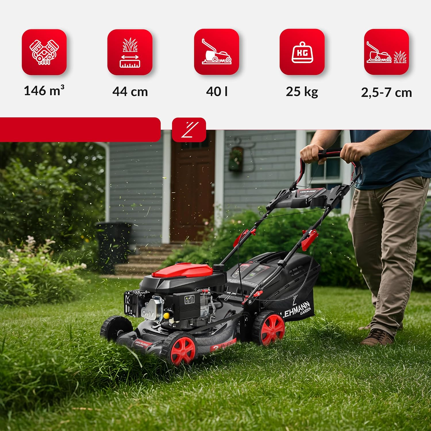 Lehmann LGALM-2642 Tosaerba a benzina con trazione posteriore, 146 cm3 2,6 kW, larghezza di taglio 42 cm, robusto alloggiamento in acciaio, regolazione in altezza di taglio a 5 livelli 25-70 mm