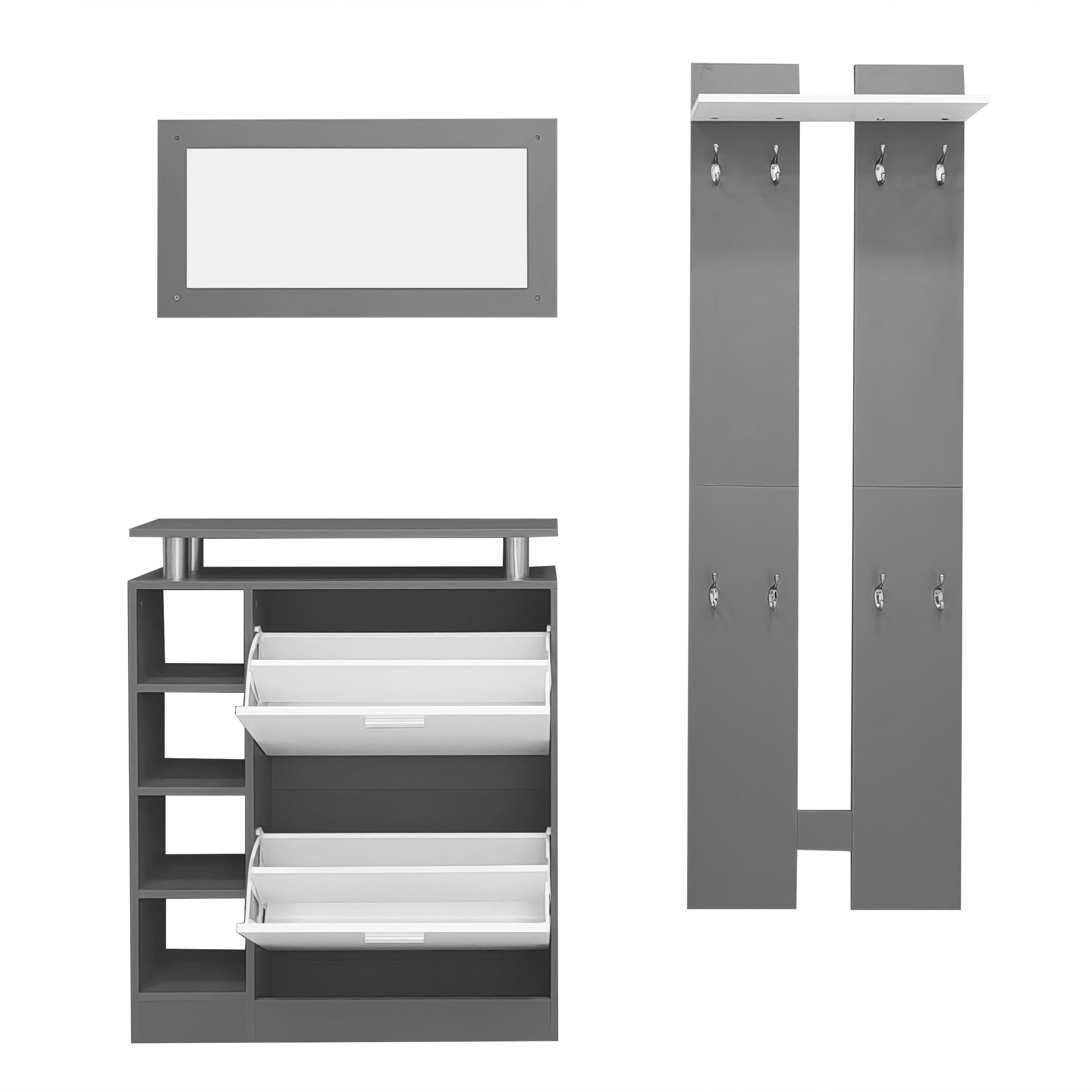 Garderoben Set mit Spiegel, 2 Wandpaneelen, Regalwand und Schuhschrank für kleine Räume, Weiß+Grau