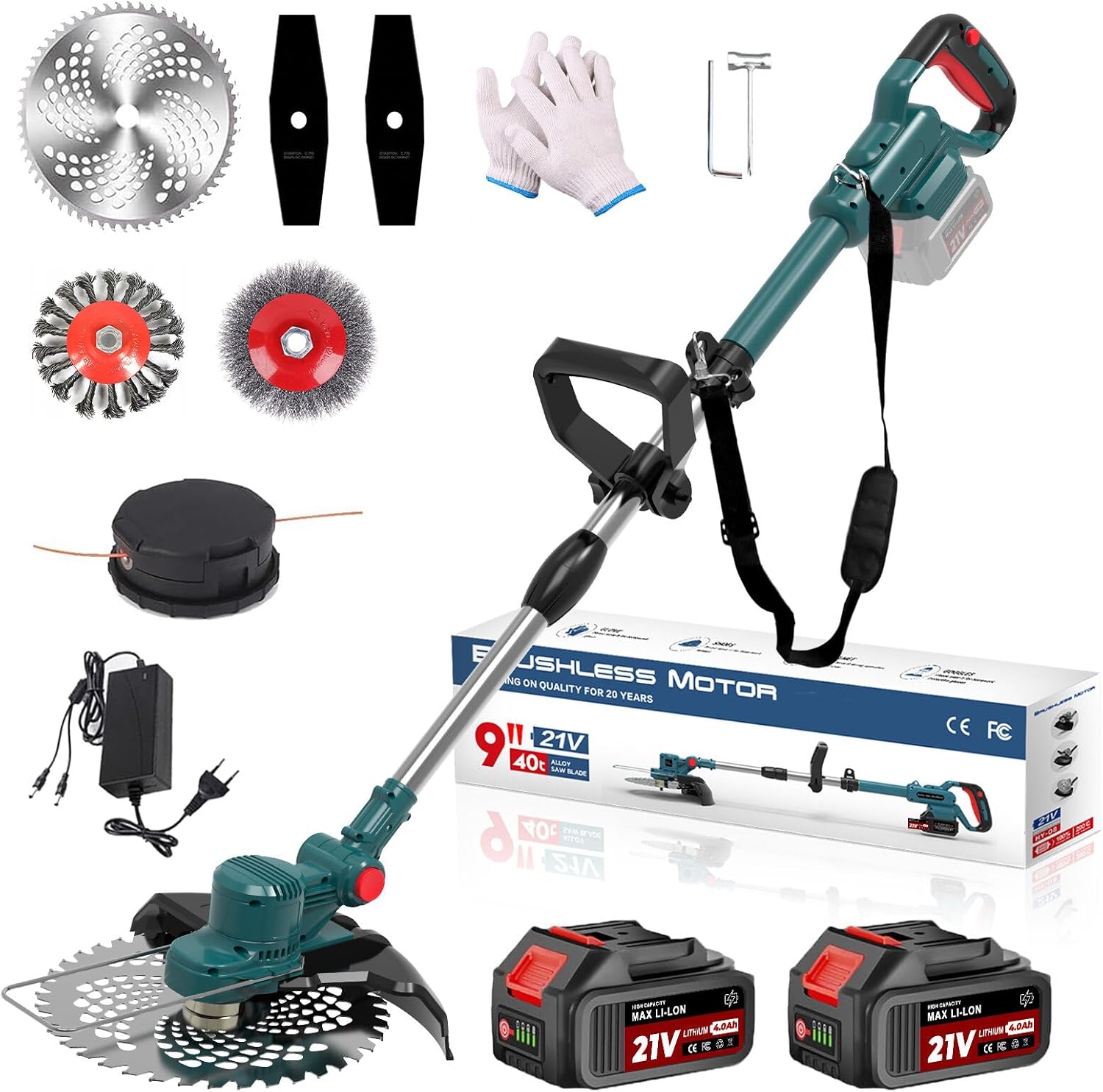 Rasentrimmer mit Akku 21V, 4 in 1 Akku Rasentrimmer für Makita Akkus, Rasentrimmer mit Unkrautbürste, Freischneider & Motorsense inkl.TAP-N'-GO Fadenkopf, 2 X 4.0Ah Akkus, 750W Bürstenloser Motor