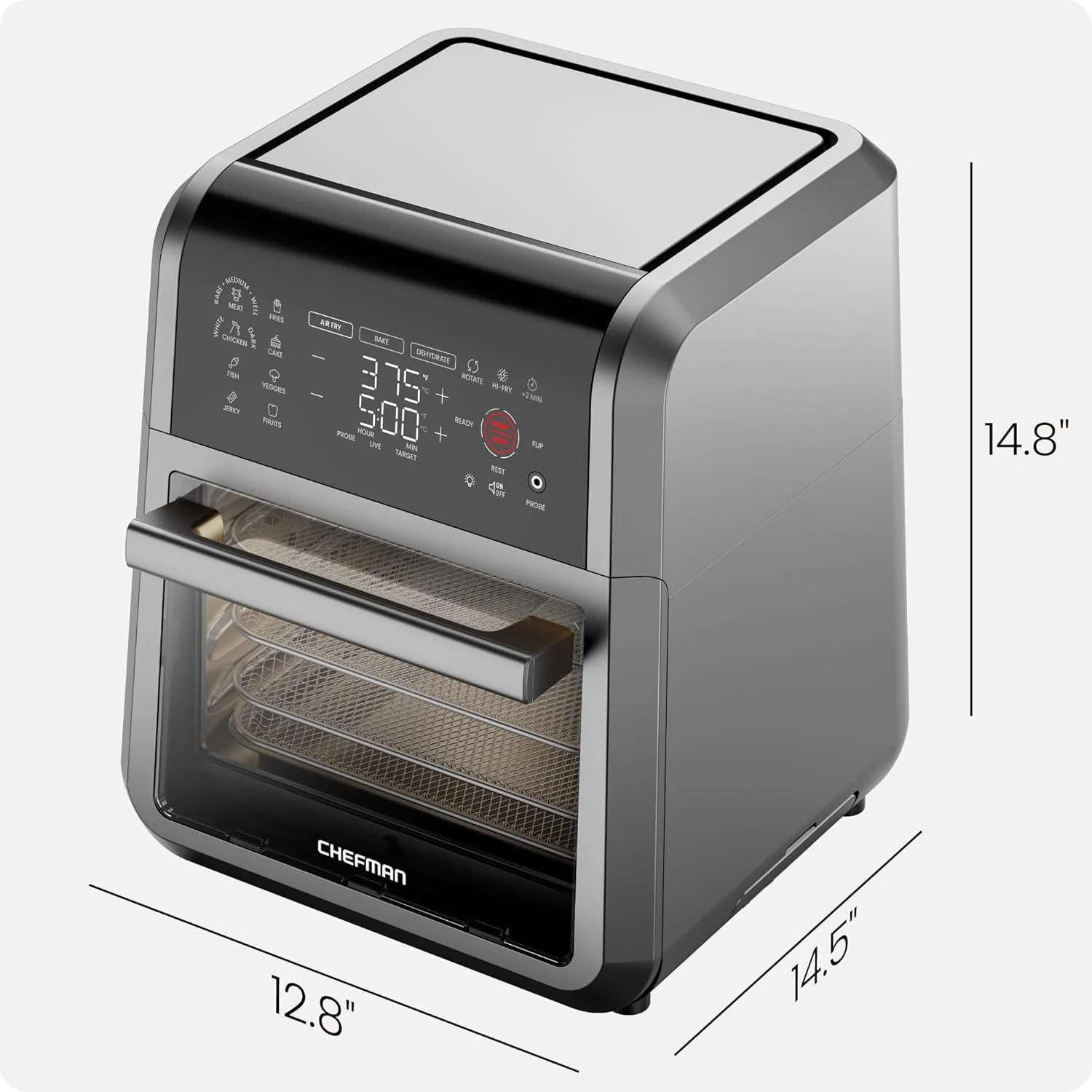 CHEFMAN ExacTemp™ 12-Quart Air Fryer with Integrated Smart Cooking Thermometer, 28 Touchscreen Presets, Broiler, Dehydrator, and Oven