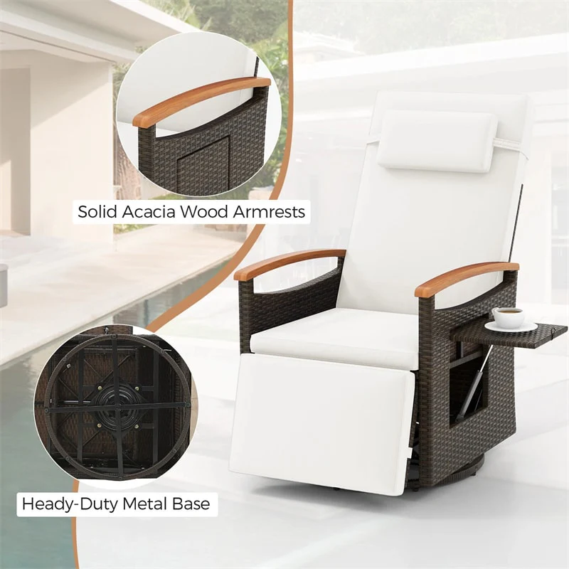 Outdoor Rattan 360° Swivel Recliner Chair, Patio Wicker Chaise Lounge Chair with Adjustable Backrest & Footrest, Flip Side Table & Cushions