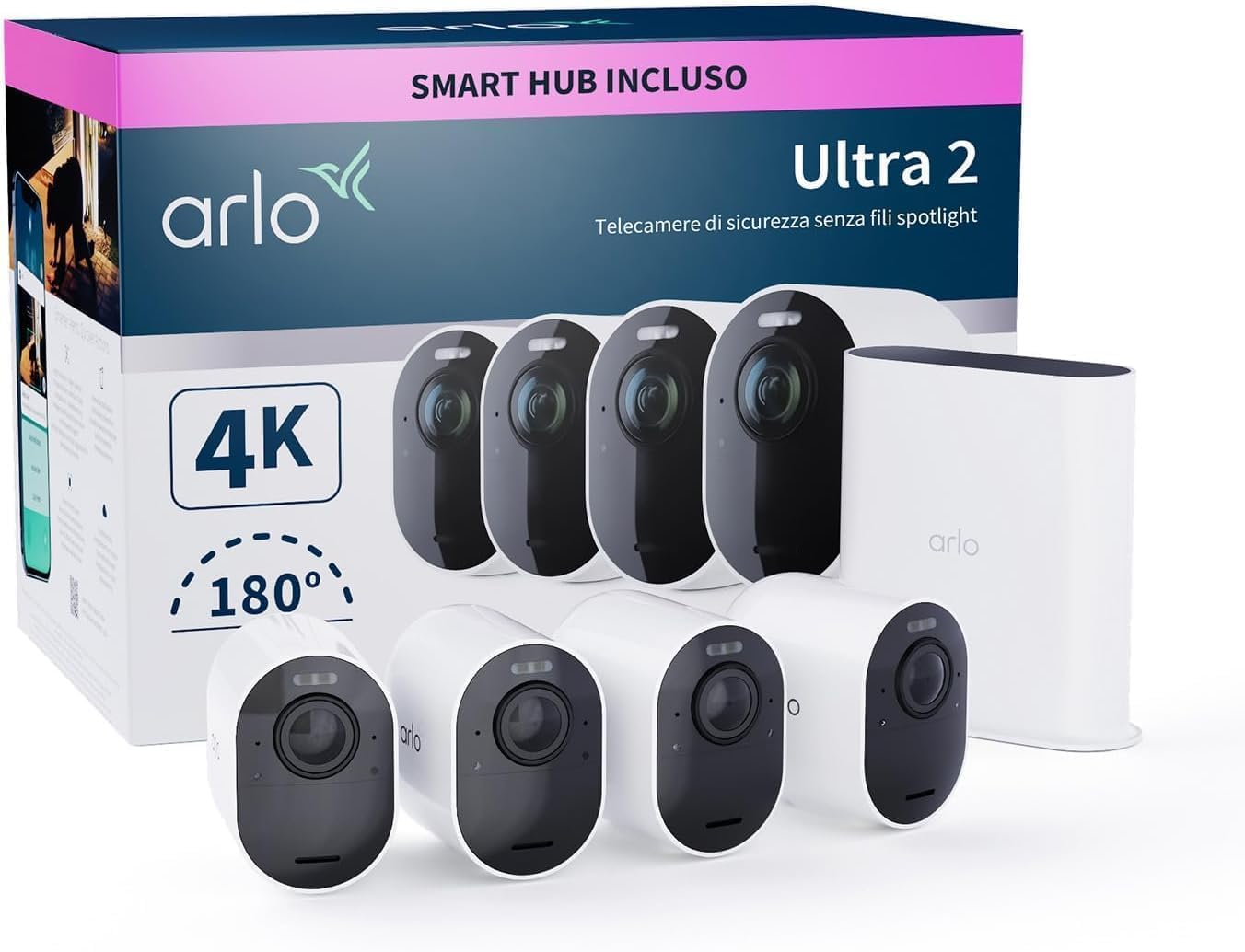 Arlo Ultra 2 Telecamera WiFi Esterno Senza Fili, Telecamera WiFi Interno, 4K UHD, Sirena Allarme Casa, Sensore Di Movimento, Audio Bidirezionale, Prova Arlo Secure Inclusa, 4 Telecamere, Bianche