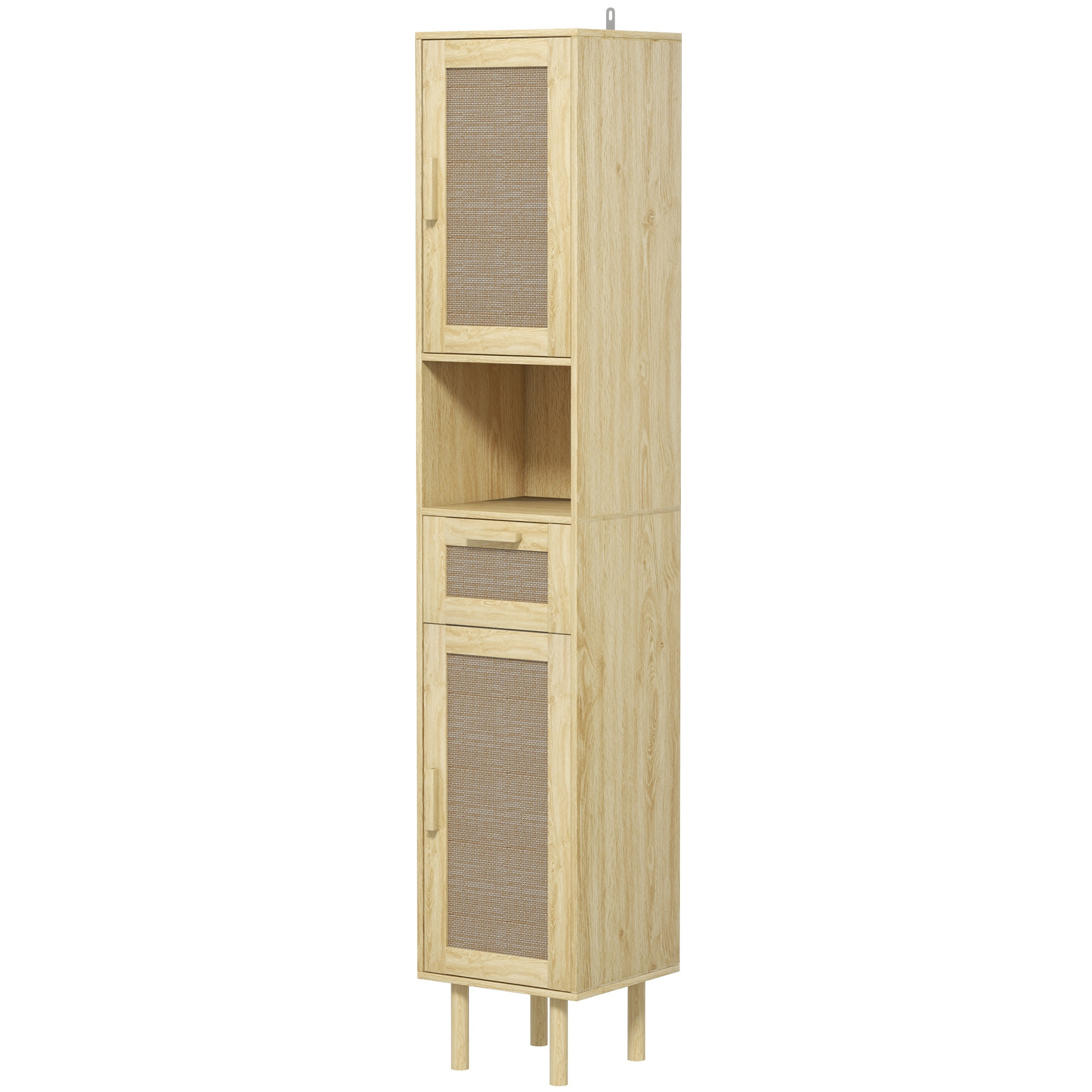 HOMCOM Badezimmerschrank Aufbewahrungsschrank mit Rattantüren Schublade 2 Schränken 32 x 30 x 170 cm Eiche