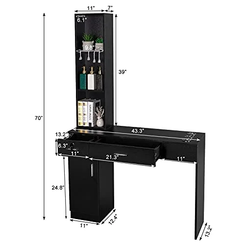 OmySalon Barber Station Black – Wall Mount Hair Styling Unit with Storage, 2 Drawers, 1 Cabinet, 3 Shelves