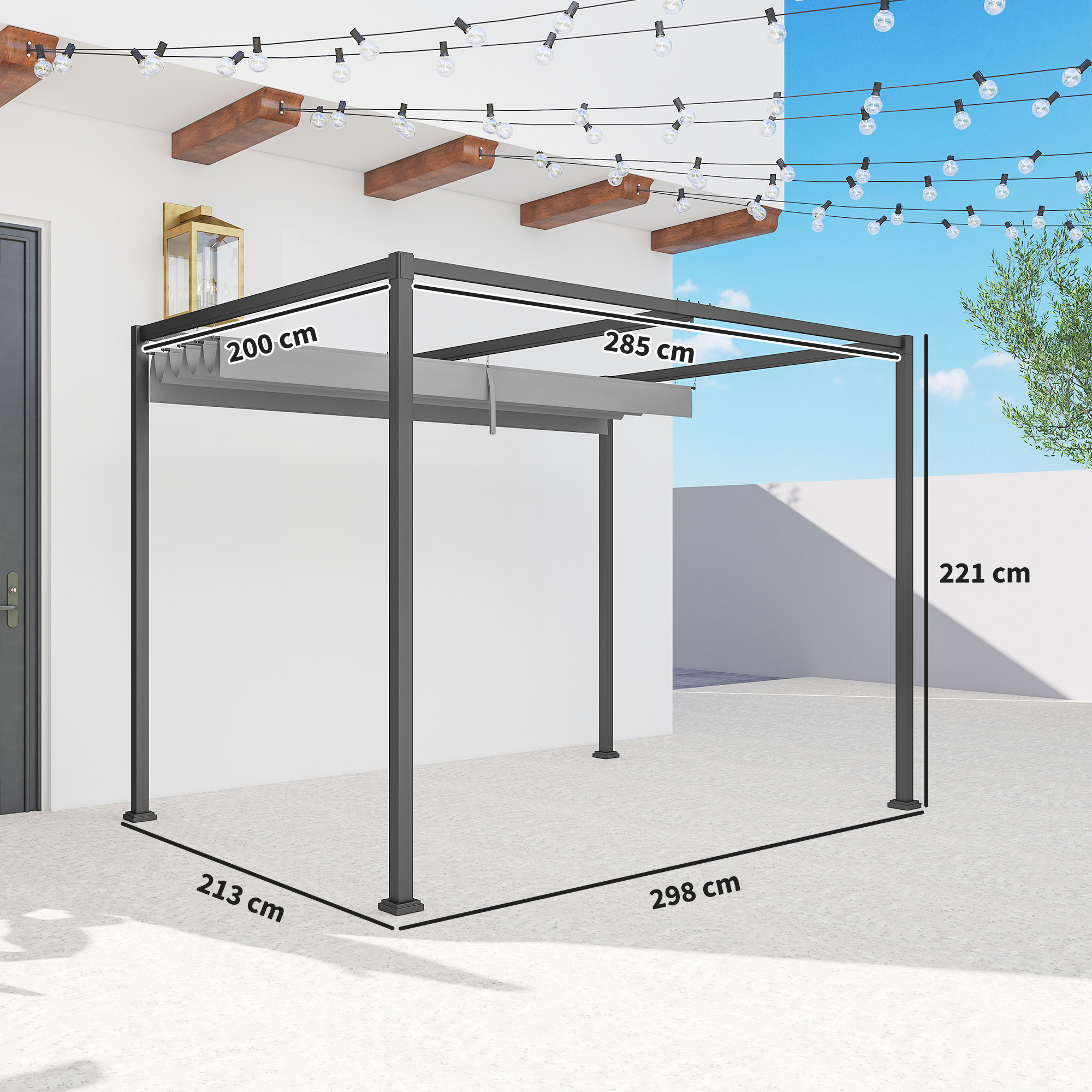Outsunny Pergola Zonwering 300x200 cm, UV- en Waterbestendig, Grijs