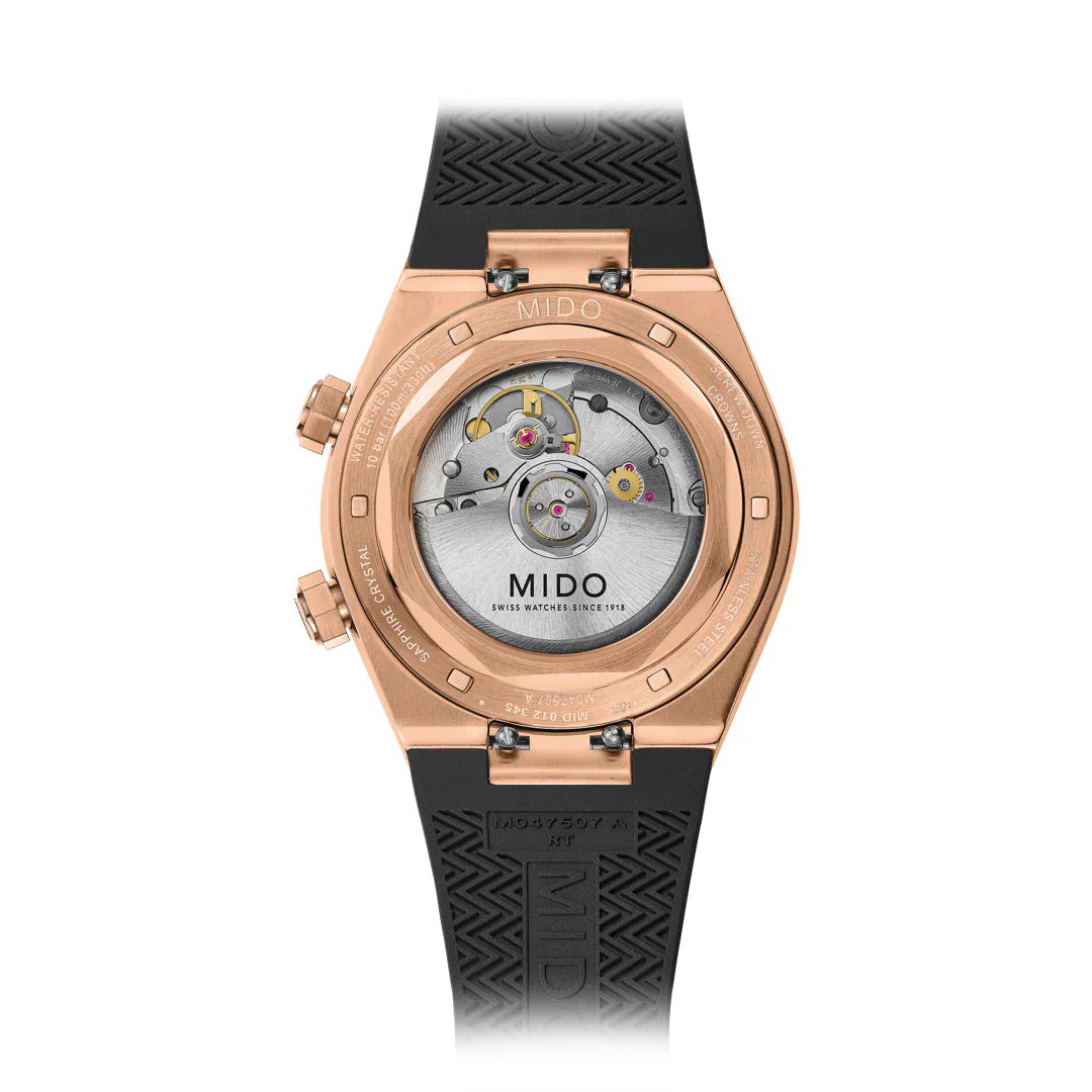 Orologio Mido Multifort 8 dorato rosa due corone cinturino gomma nero