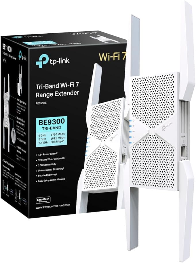TP-Link WiFi 7 RE655BE Ripetitore WiFi Tri-band BE9300Mbps, Porta 2.5G Ethernet, Ripetitore Potente per Casa, Compatibile con Tutti i Box Internet, 4 Antenne Esterne, Banda 6GHz, MLO
