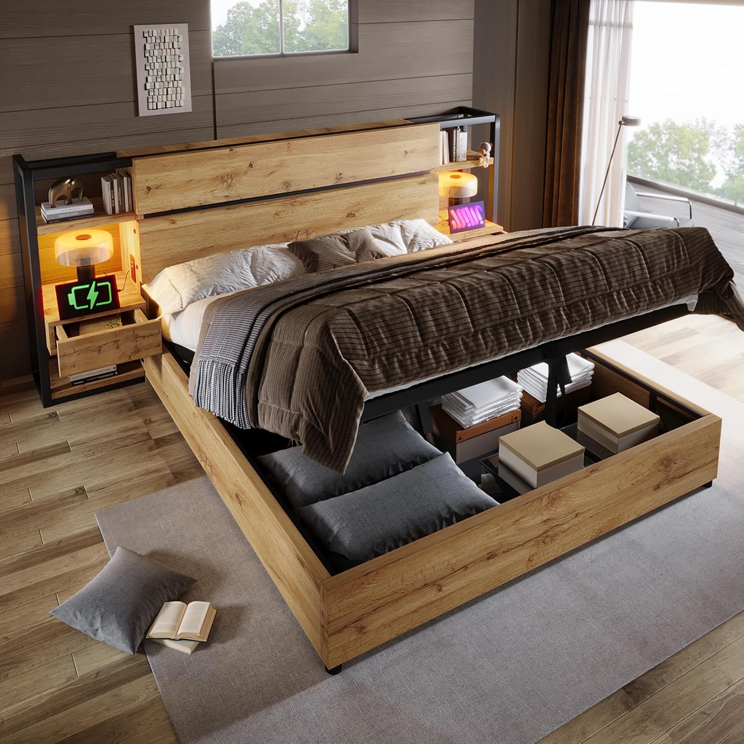 Doppelbett Bettanlage 180x200 mit Nachttisch, Ohne Matratze, Stauraum Kopfteil mit Schubladen und USB Type-C-Ladefunktion, Eiche