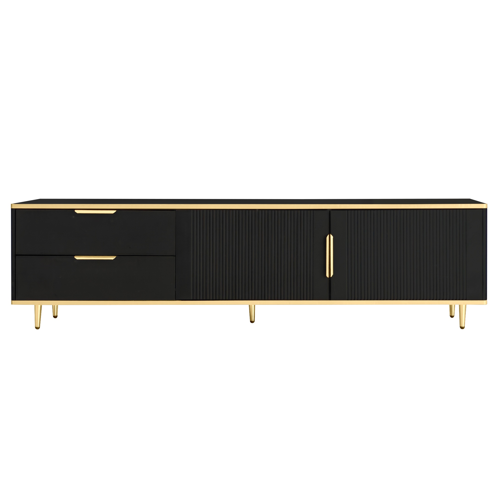 TV-Schrank mit geschnitzter Textur, vergoldeten Griffen und Marmorstruktur für elegantes Wohnzimmer, schwarz