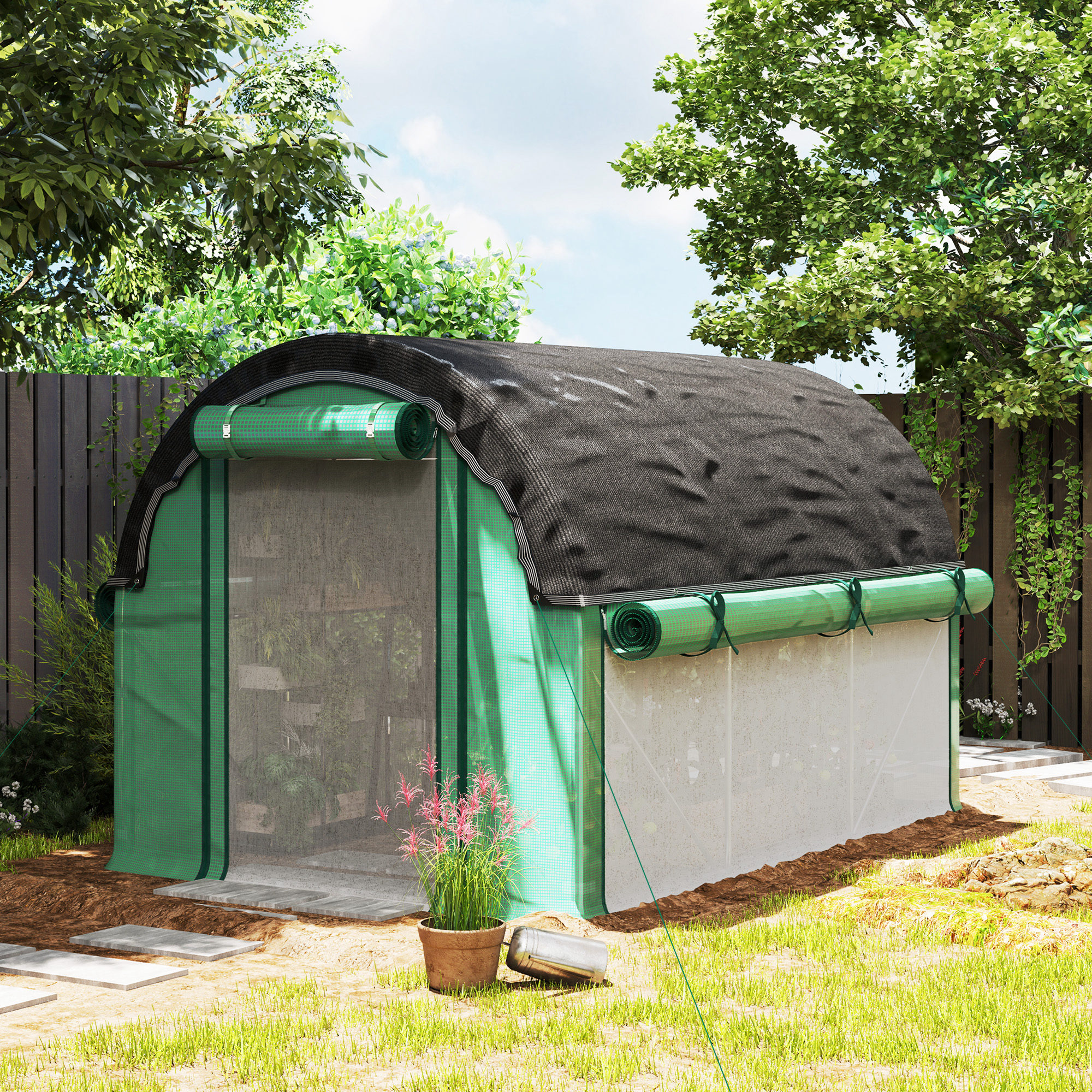 Outsunny 3 x 2 x 2 m Polytunnel-Gewächshaus mit Sonnenschutznetz, rollbaren Seitenwänden, Kunststoff-Abdeckung, Stahlrahmen, Grün