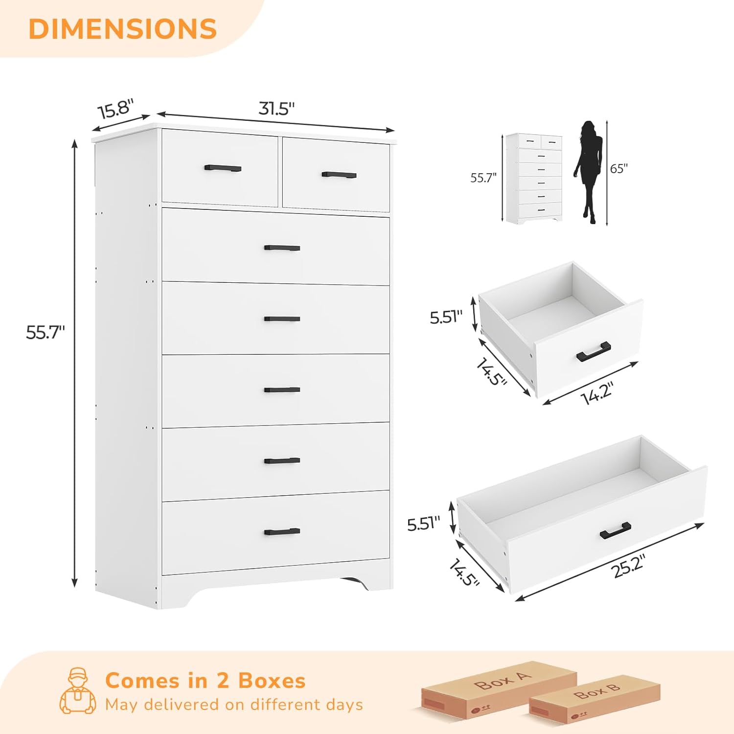 DICTAC White Dresser for Bedroom with 7 Drawers, 55.7