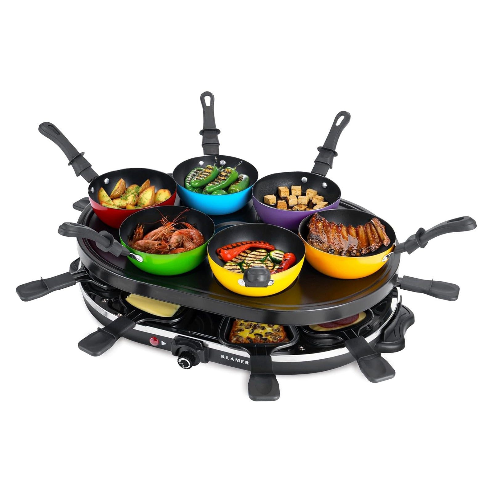 Raclette KLAMER Raclette-Wok 1200 W – Raclette Grill mit 6 Wokpfännchen & 8 Ra…