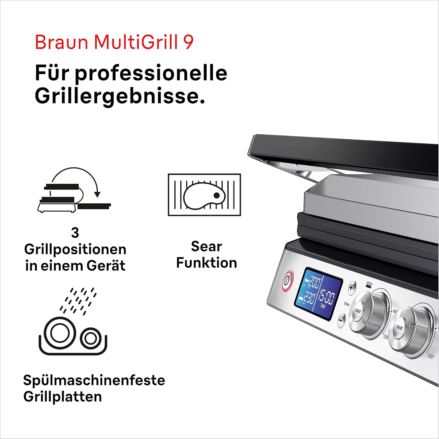 Braun MultiGrill 9 CG 9047 Kontaktgrill mit Grill-, Flach- und Waffelplatten, Grillpositionen: Kontakt, BBQ, Ofen, Spülmaschinenfeste Platten, Fettauffangschale, 230° Höchsttemperatur, Boost-Funktion