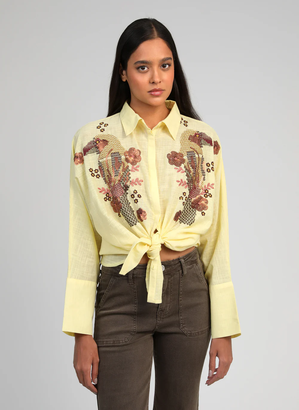 Yellow Cotton Sequin Embroidered Shirt by An'ge
