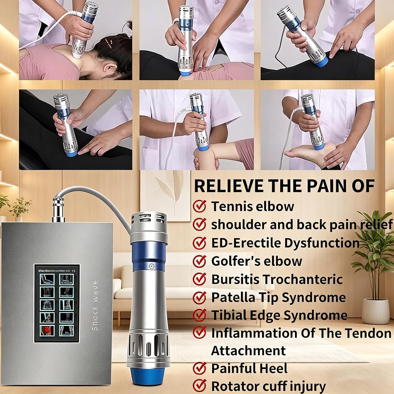 Dispositivo Terapia Onde D'urto Focalizzate, terapia ad onde d'urto extracorporee con 7 testine massaggianti, energia Regolabile 60~200MJ, Fisioterapia Profonda/Addio Sub-Salute